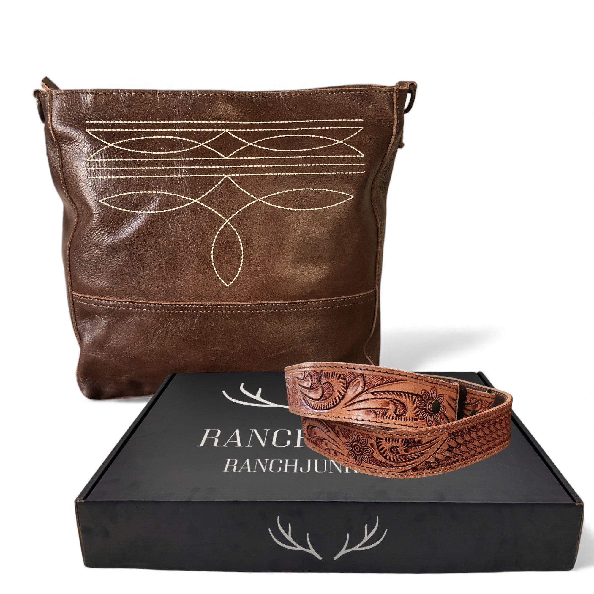 Rancho Boot Stitch Genuine Leather Bucket Purse w/ Tooled Leather Strap - Ranch Junkie Mercantile LLC 