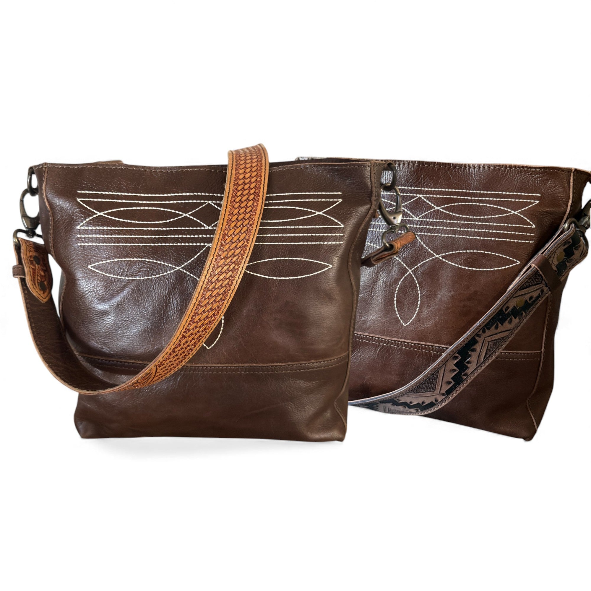 Rancho Boot Stitch Genuine Leather Bucket Purse w/ Tooled Leather Strap - Ranch Junkie Mercantile LLC 