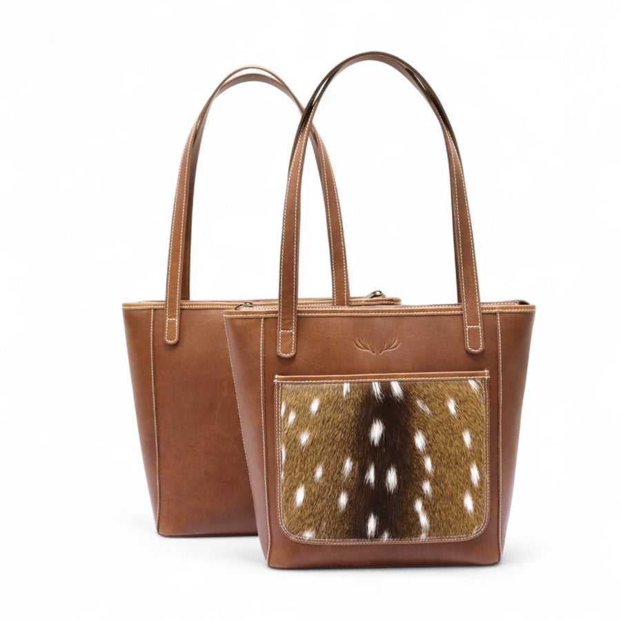 Salt Creek Ranch™ Genuine Axis Deer Tote – Handcrafted Full Grain Leather + Genuine Axis Hide - Ranch Junkie Mercantile LLC 
