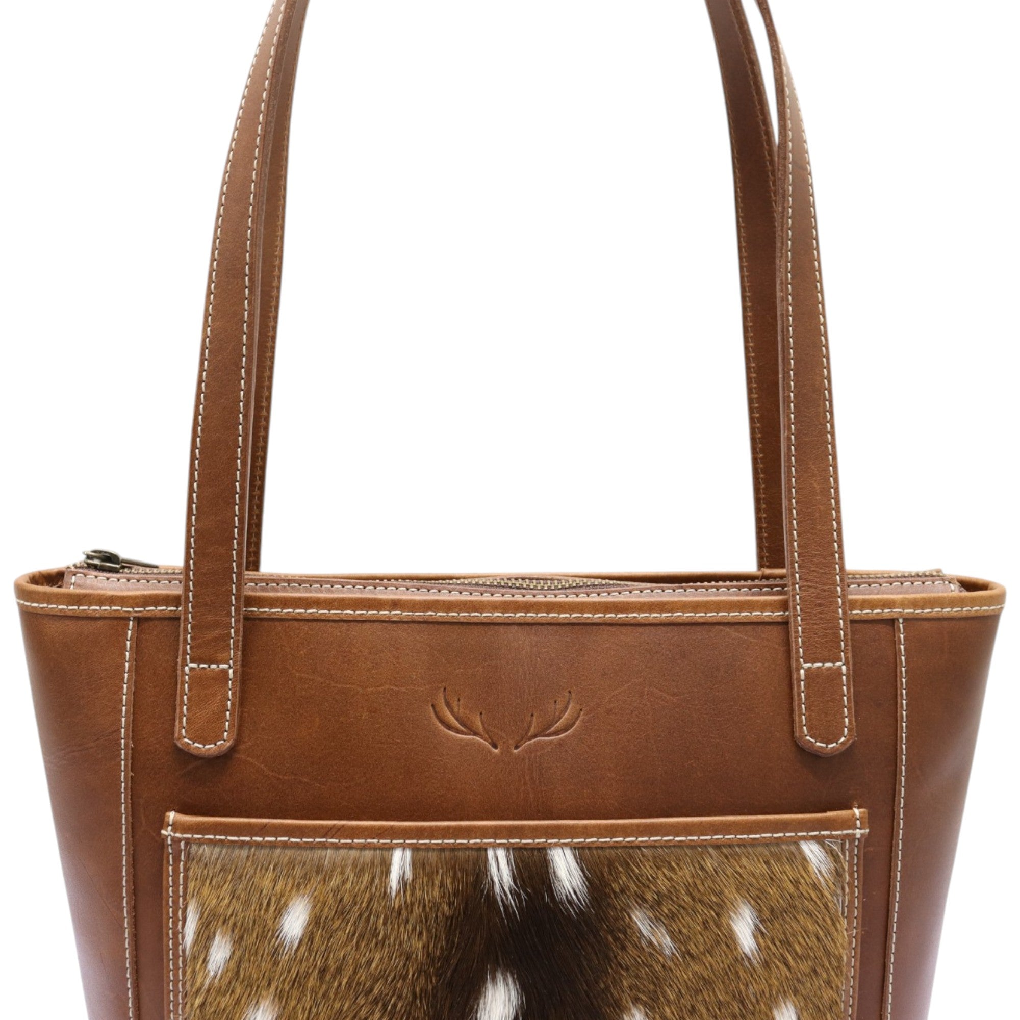 Salt Creek Ranch™ Genuine Axis Deer Tote – Handcrafted Full Grain Leather + Genuine Axis Hide - Ranch Junkie Mercantile LLC 