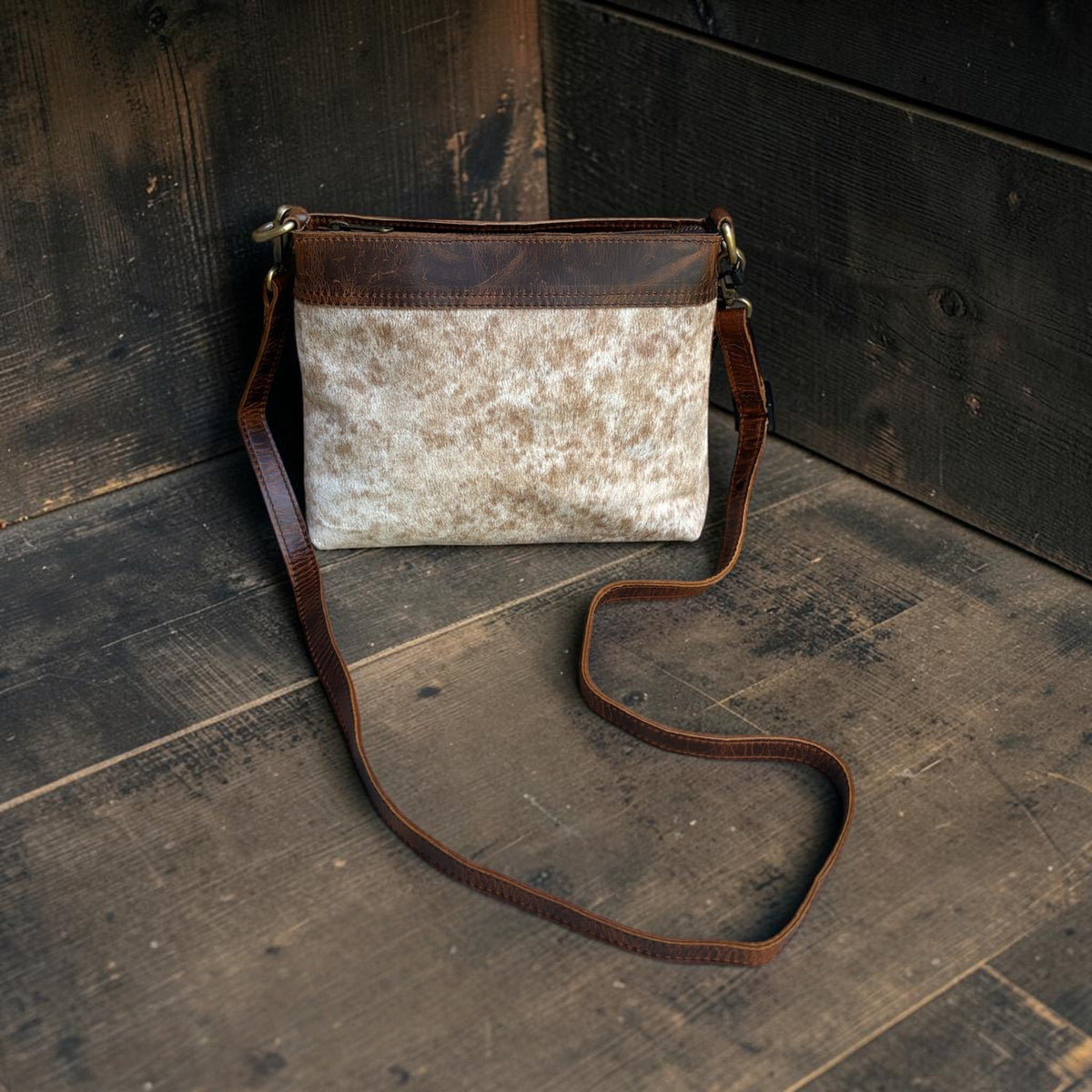 Sample Sale #3 Highlands Handcrafted Cowhide And Leather Crossbody- Cowhide Crossbody - Ranch Junkie LLC