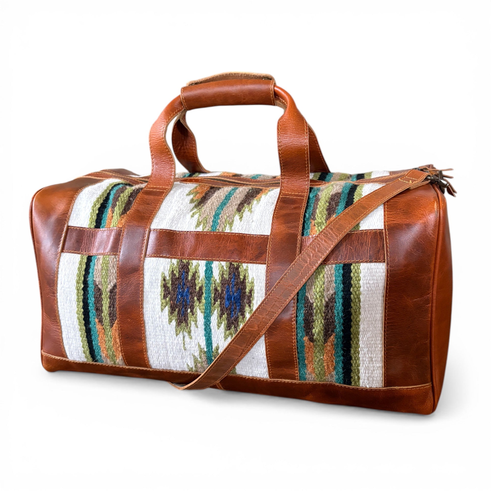 Sample Sale Southwestern Saddle Blanket Aztec Weekender Aspen Leather Duffel Bag #1 - Ranch Junkie LLC 