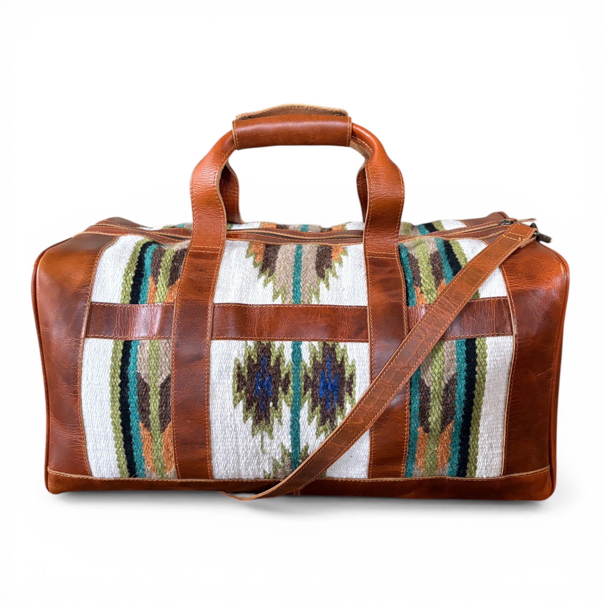 Sample Sale Southwestern Saddle Blanket Aztec Weekender Aspen Leather Duffel Bag #1 - Ranch Junkie LLC 