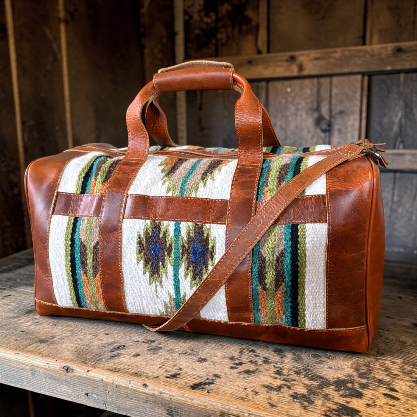 Sample Sale Southwestern Saddle Blanket Aztec Weekender Aspen Leather Duffel Bag #1 - Ranch Junkie LLC 