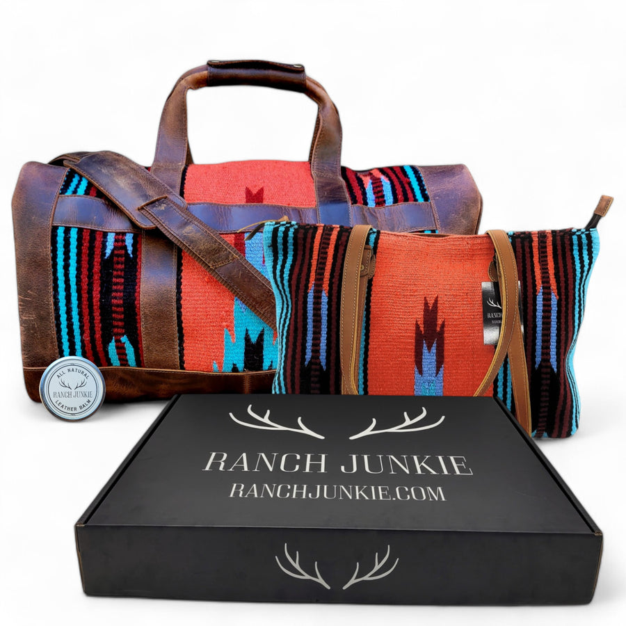 Bundle Deal The Sedona Southwestern Leather Aztec Weekender Duffel Bag+ Large Western Tote Bag - Ranch Junkie Mercantile LLC 