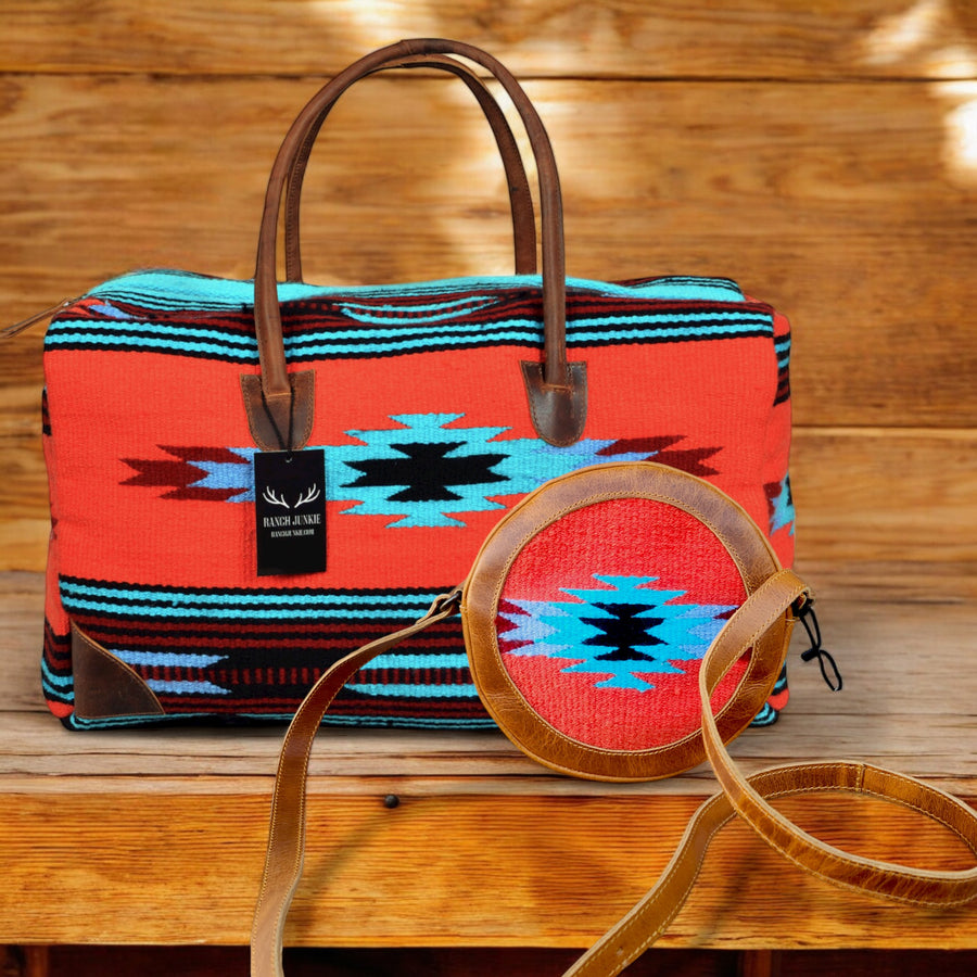 Bundle Deal Sedona Boho Aztec Saddle Blanket Large Weekender Southwestern Duffel Bag +Sedona Canteen Crossbody - Ranch Junkie Mercantile LLC 
