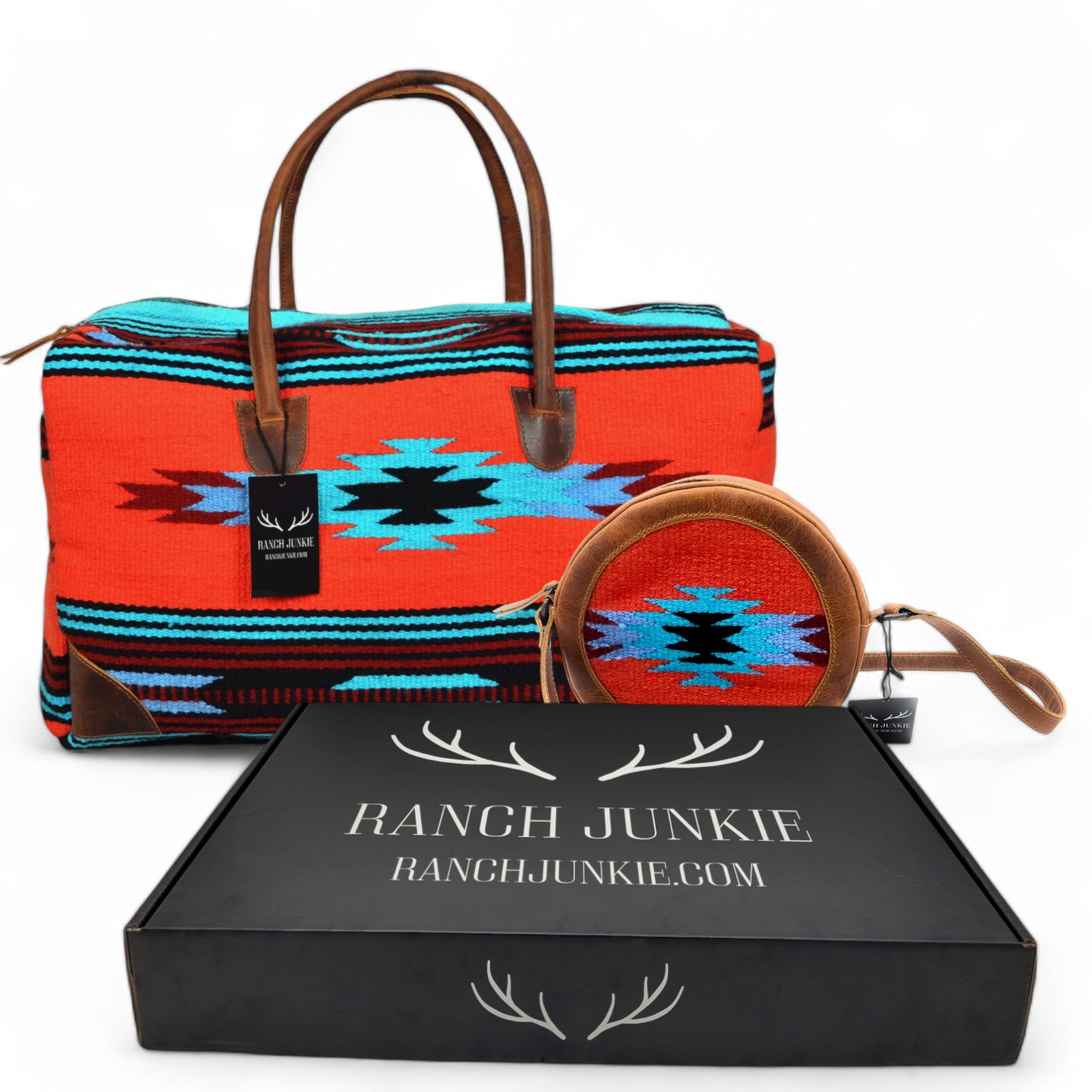 Bundle Deal Sedona Boho Aztec Saddle Blanket Large Weekender Southwestern Duffel Bag +Sedona Canteen Crossbody - Ranch Junkie Mercantile LLC 