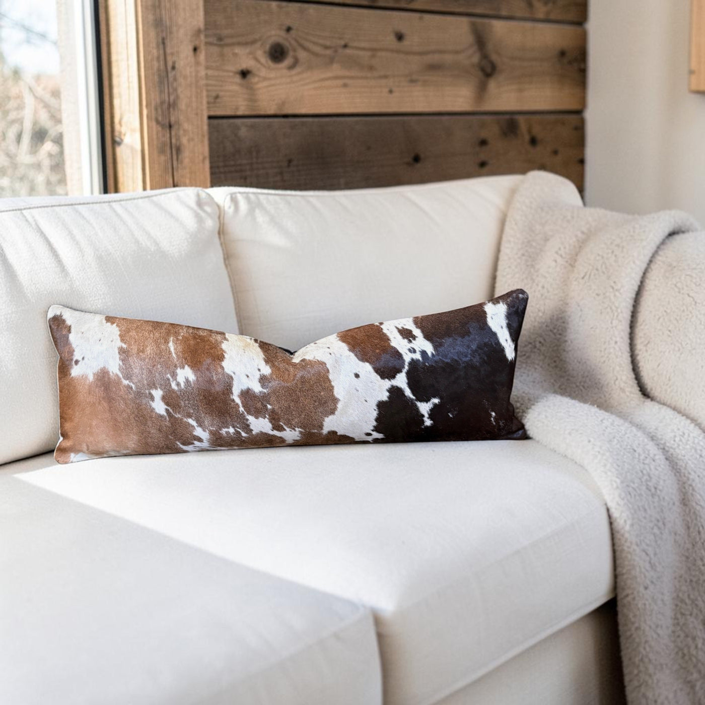 12x36 Genuine Cowhide Pillow Covers Lumbar Tricolor Double Sided Highlands Cowhide Pillow