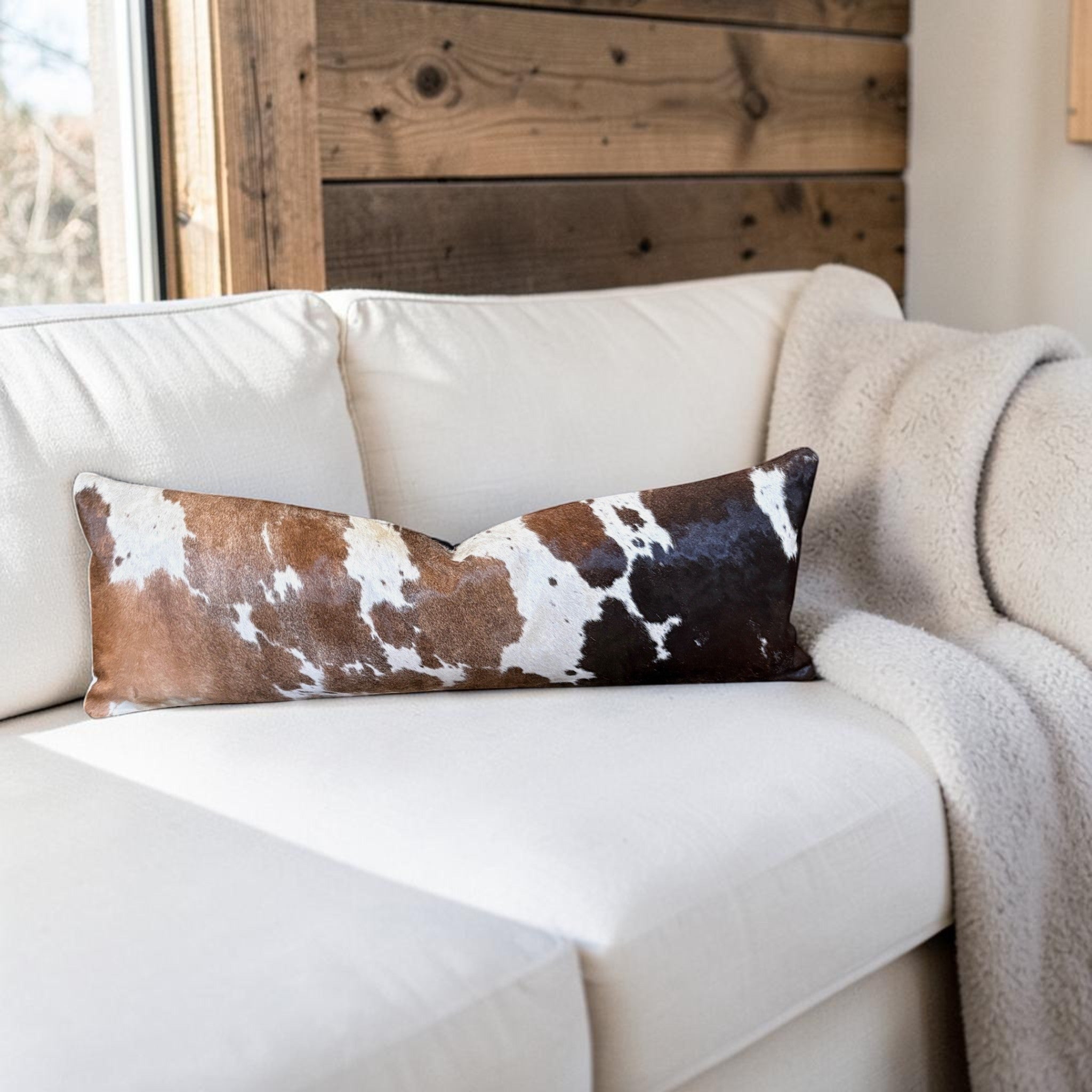 12x36 Genuine Cowhide Pillow Covers Lumbar Tricolor Double Sided Highlands Cowhide Pillow