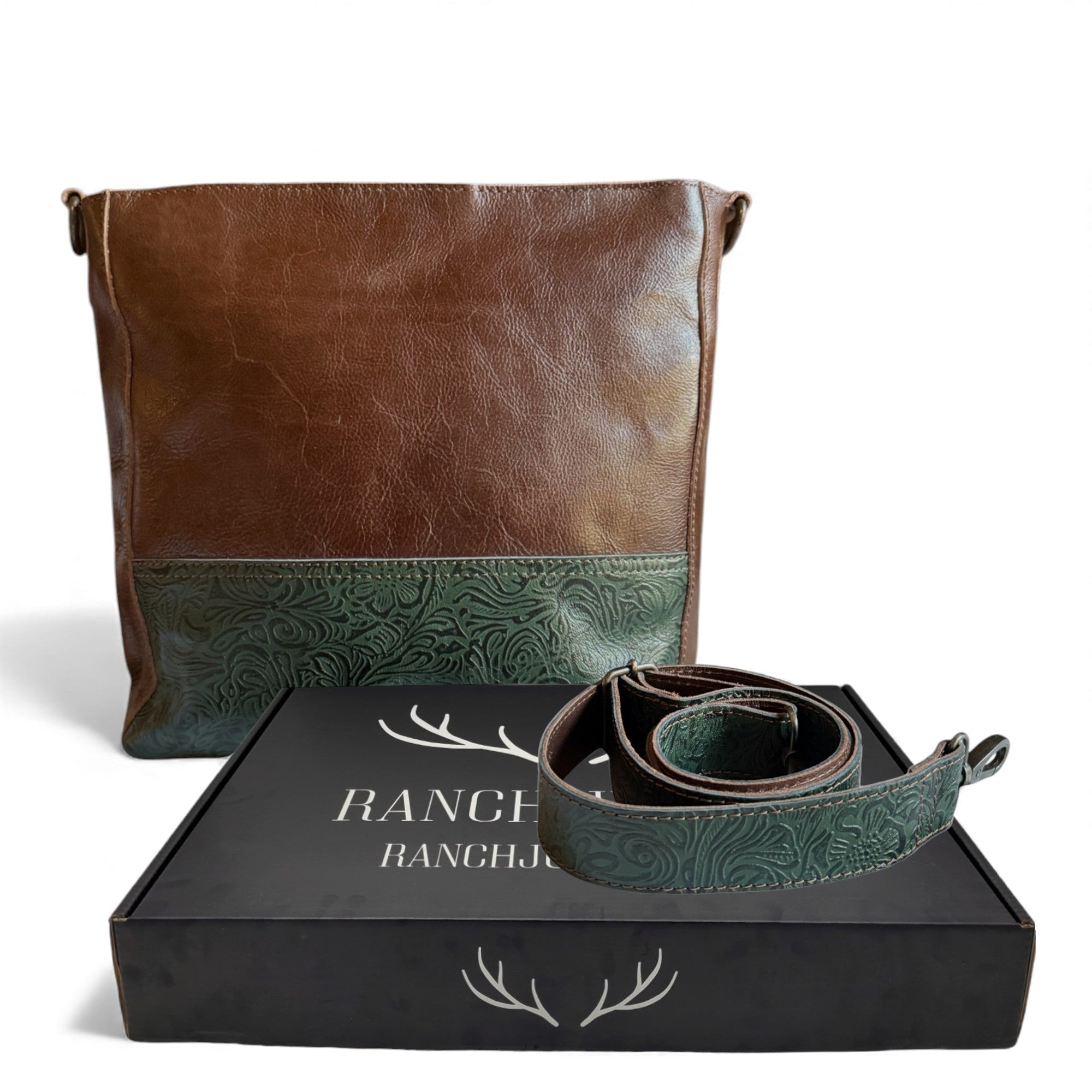 The Rancho Genuine Leather Bucket Purse with Turquoise Embossed Belt Strap - Ranch Junkie Mercantile LLC 