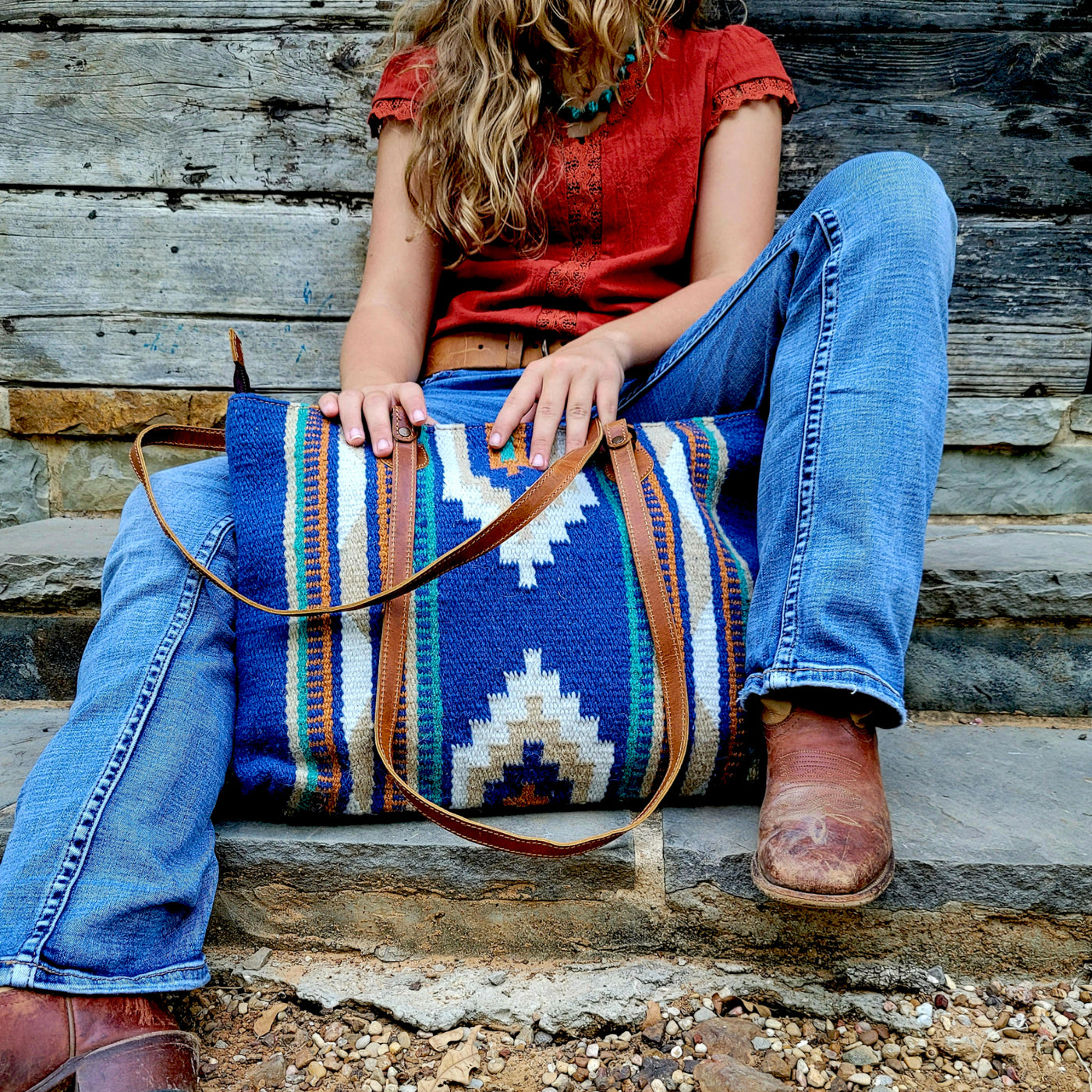 Southwestern Large Handwoven Wool Boho Tote Dakota Saddle Blanket Bag