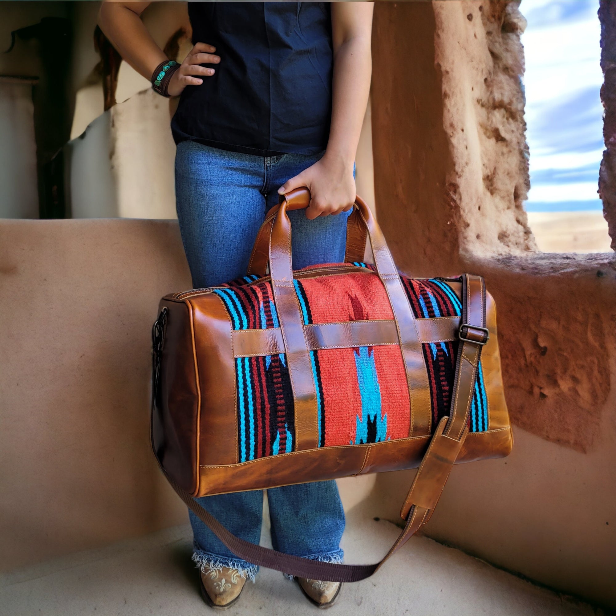 Southwestern Saddle Blanket Aztec Weekender Sedona Leather Duffel Bag - Ranch Junkie Mercantile LLC 