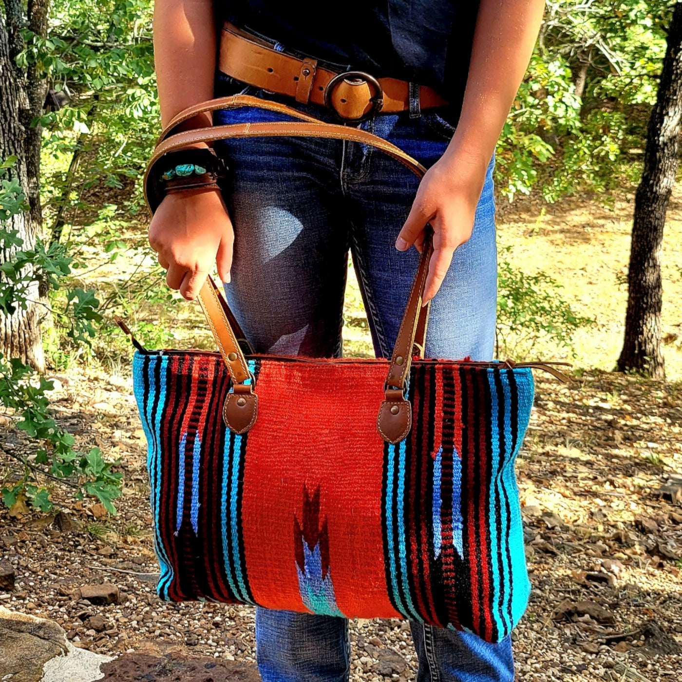 Southwestern Large Handwoven Wool Boho Tote Sedona Saddle Blanket Bag
