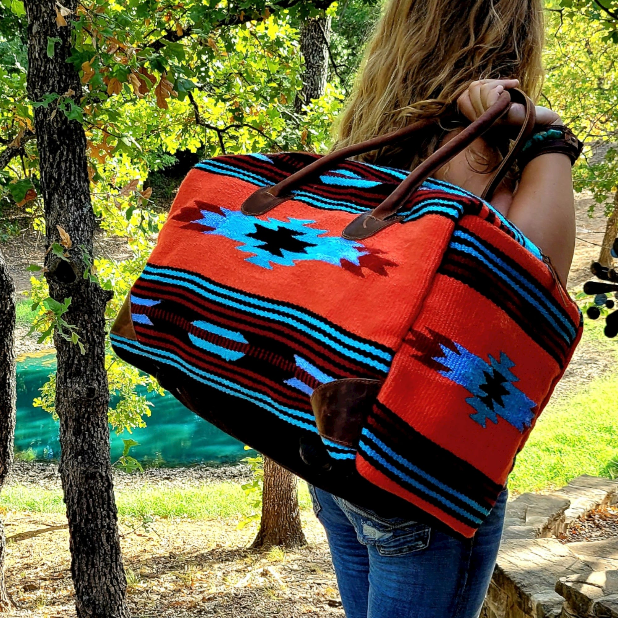 Boho Aztec Large Weekender Southwestern Duffel Bag Sedona Saddle Blanket Bag 100% Leather Handles