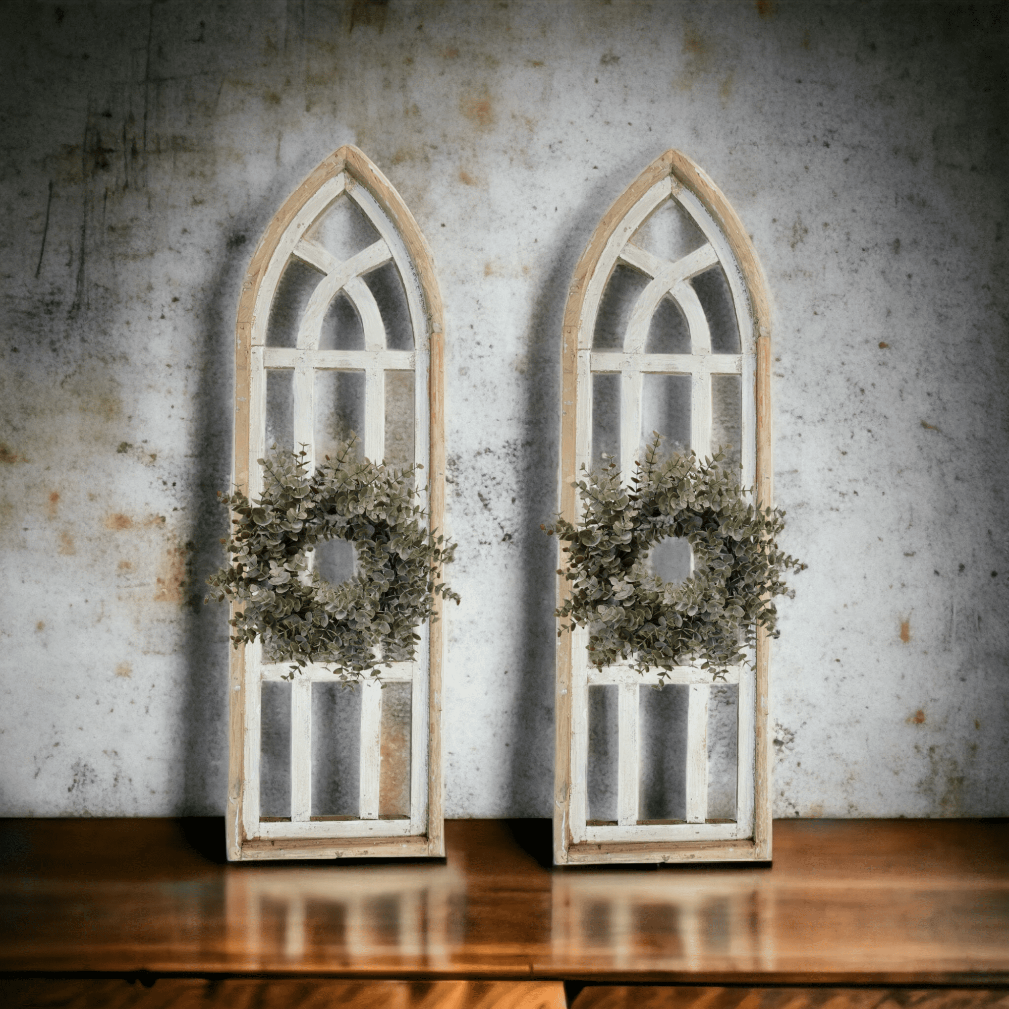 Set Of 2 White Waters Cathedral Windows - Farmhouse Cathedral Windows Rustic White 4 Sizes - Ranch Junkie Mercantile LLC 