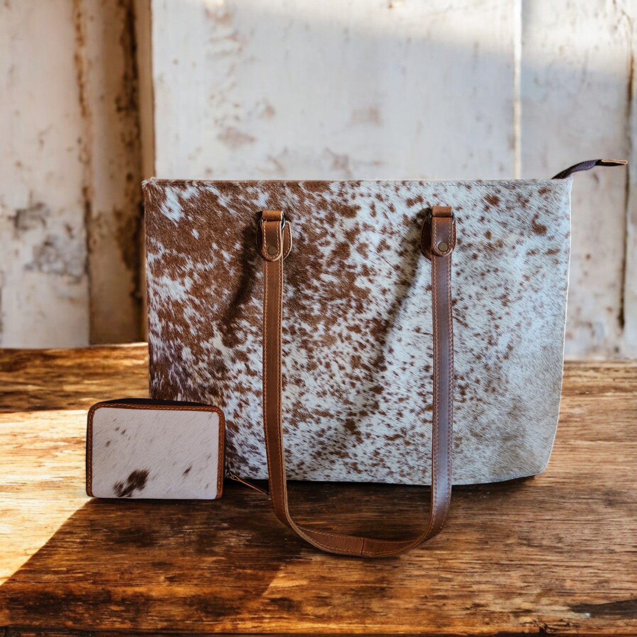 Bundle Deal Highlands Saddle Cowhide Large Tote + Credit Card Wallet - Ranch Junkie Mercantile LLC 