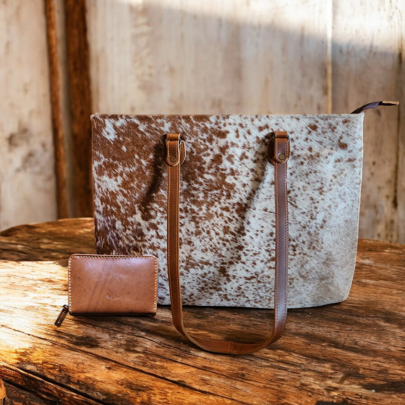 Bundle Deal Highlands Saddle Cowhide Large Tote + Credit Card Wallet - Ranch Junkie Mercantile LLC 