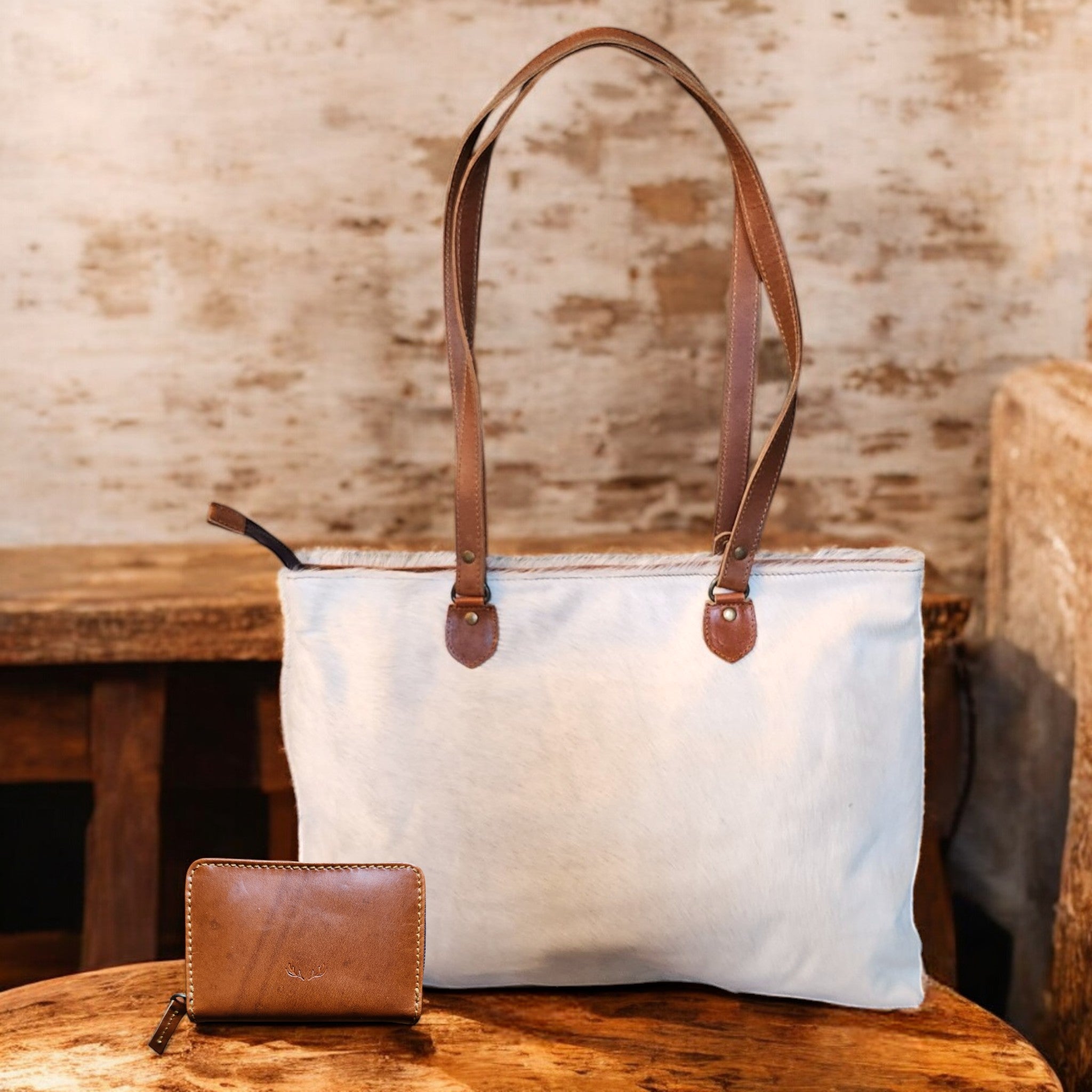Bundle Deal Highlands Saddle Cowhide Large Tote + Credit Card Wallet - Ranch Junkie Mercantile LLC 