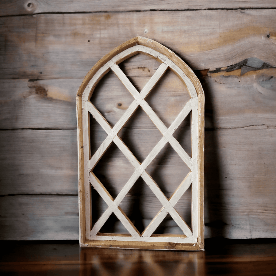 Farmhouse Wooden Wall Window Arch Wood Window - Lattice Gardens Antique White - Ranch Junkie Mercantile LLC 