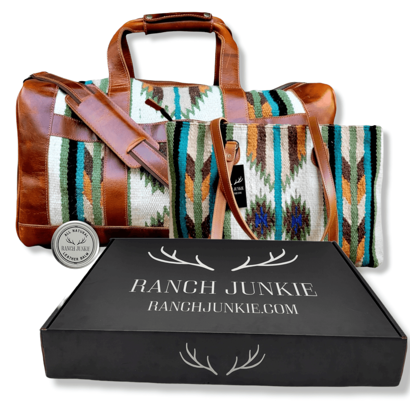 Bundle Deal - The Aspen Southwestern Leather Aztec Weekender Duffel Bag + Large Handwoven Wool Boho Tote - Ranch Junkie Mercantile LLC