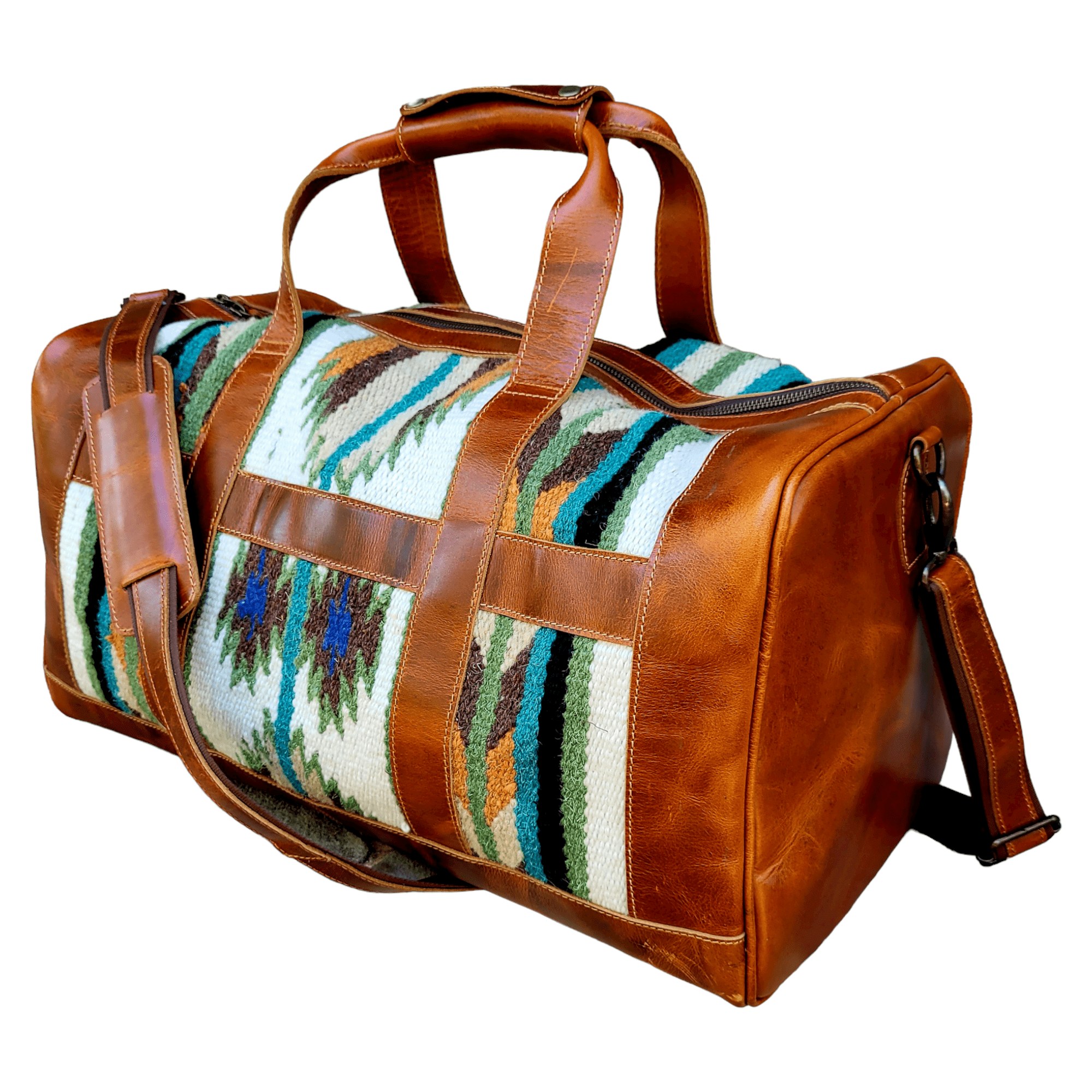 Bundle Deal - The Aspen Southwestern Leather Aztec Weekender Duffel Bag + Large Handwoven Wool Boho Tote - Ranch Junkie Mercantile LLC