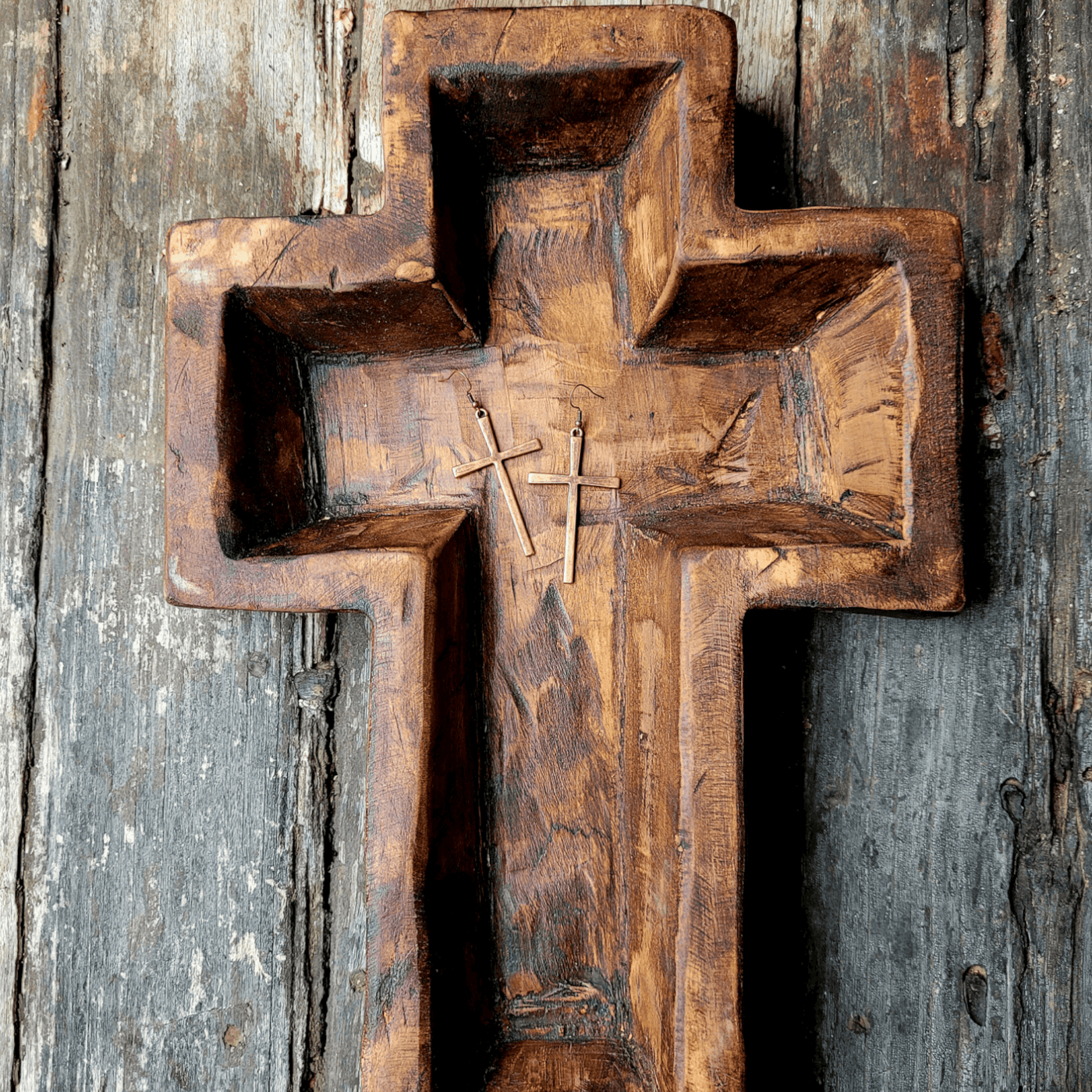 Bundle Deal Copper Cross Earrings + Handcrafted Cross Wood Bowl - Ranch Junkie Mercantile LLC 