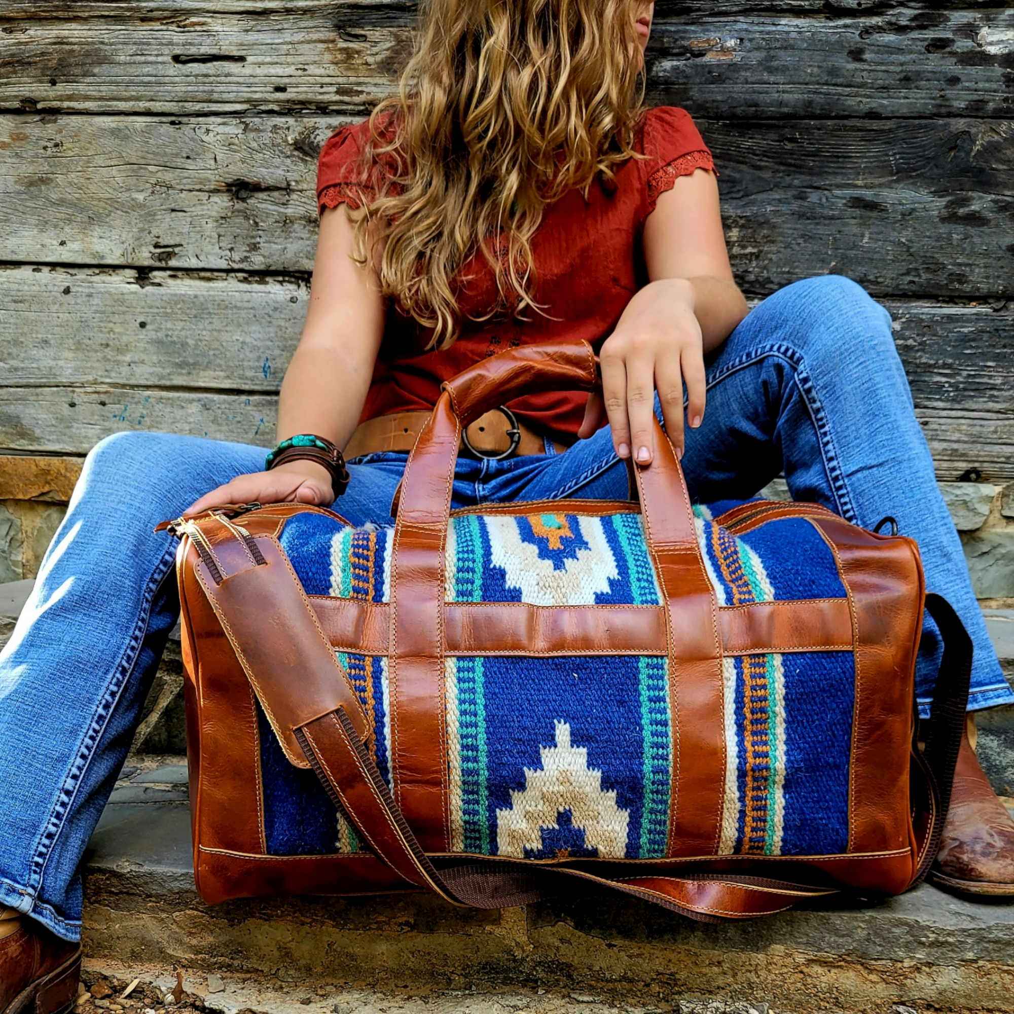 Bundle Deal-Dakota Southwestern Handwoven Wool Leather Weekender + Dakota Handwoven Wool Tote Purse - Ranch Junkie Mercantile LLC