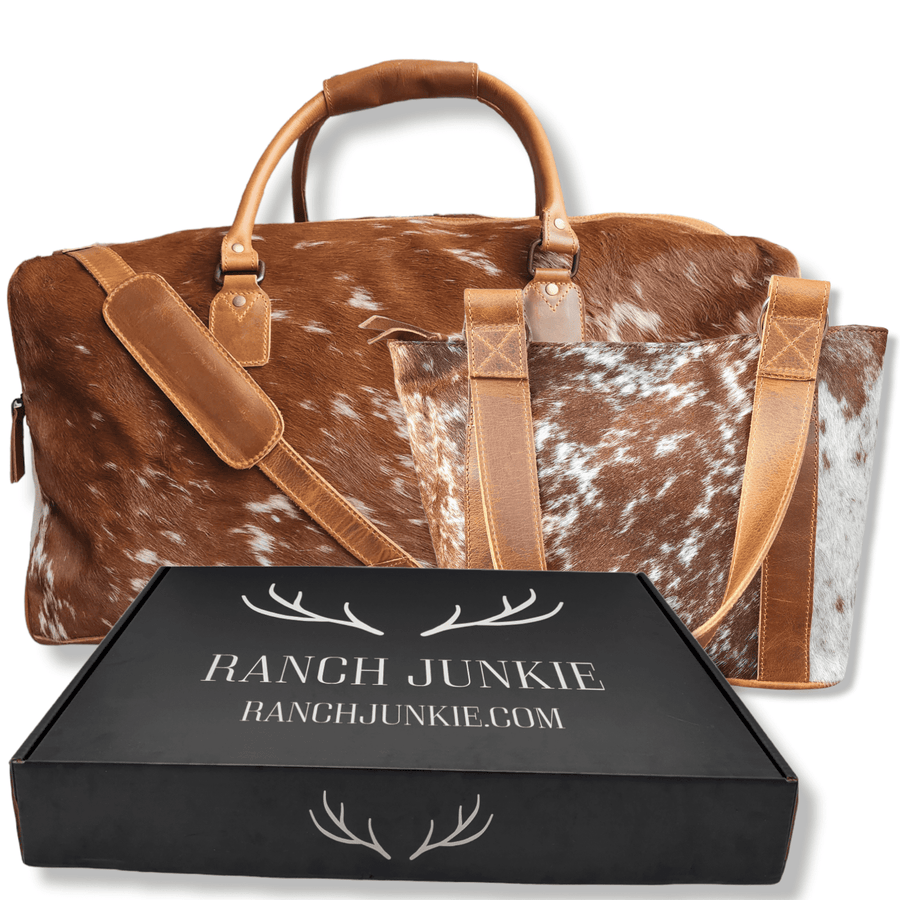 Bundle Deal -The Highlands Large Genuine Cowhide Weekender Duffel Saddle Bag+ Tote Purse Saddle - Ranch Junkie Mercantile LLC