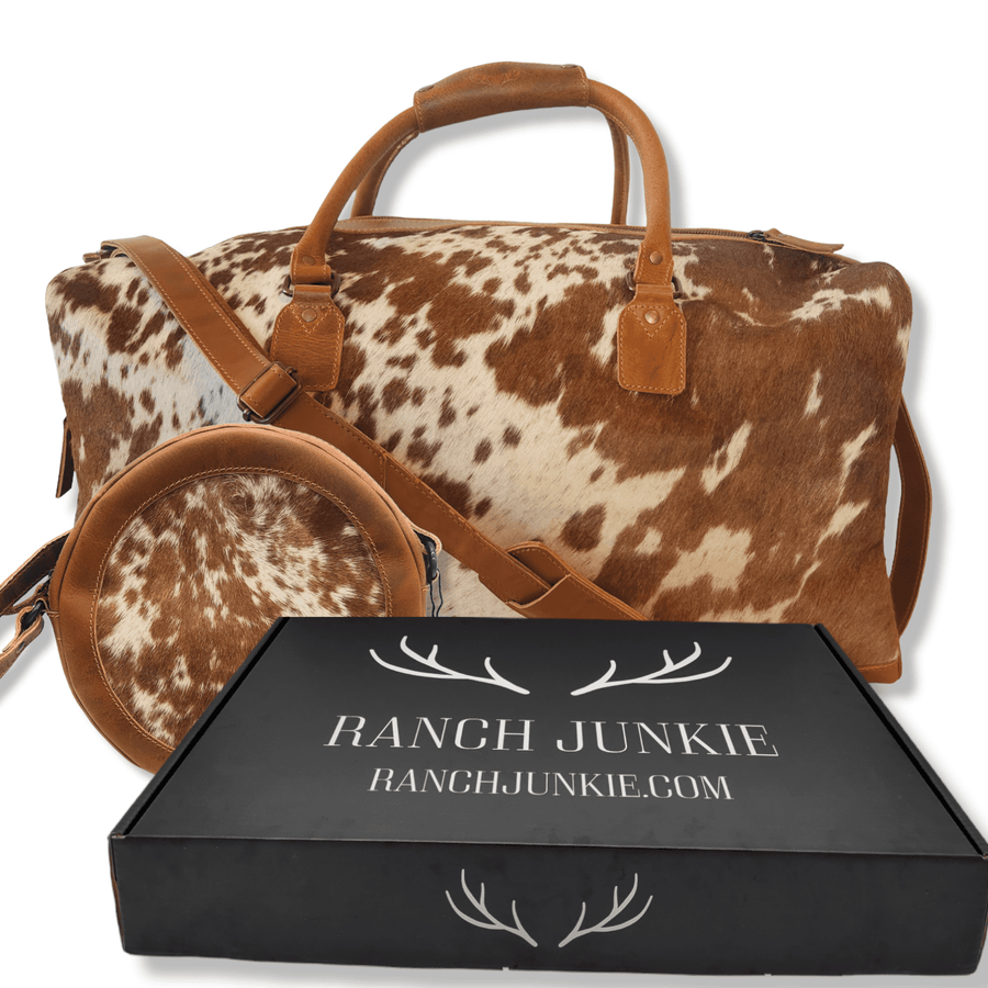 Bundle Deal -The Highlands Large Genuine Cowhide Weekender Duffel Saddle+ Crossbody Canteen Saddle - Ranch Junkie Mercantile LLC