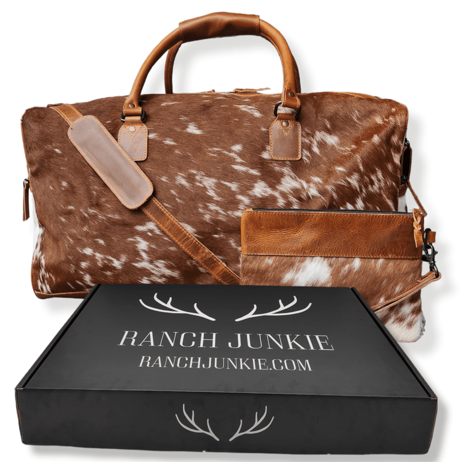 Bundle Deal -The Highlands Large Genuine Cowhide Weekender Duffel Saddle+ Wristlet Clutch Saddle - Ranch Junkie Mercantile LLC