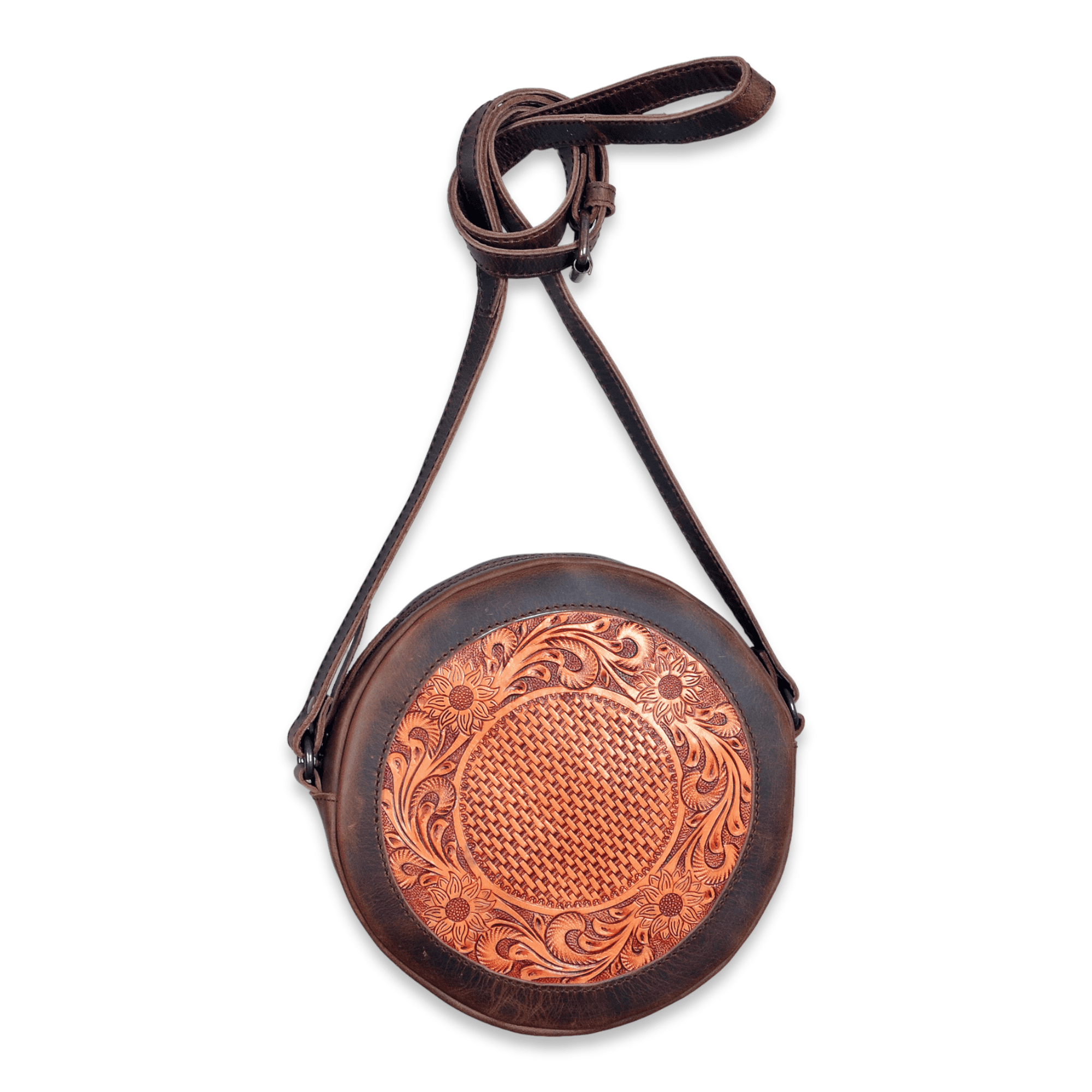 The Rancho Canteen Burnished Tan Hand-Tooled Leather Crossbody - Ranch Junkie Mercantile LLC