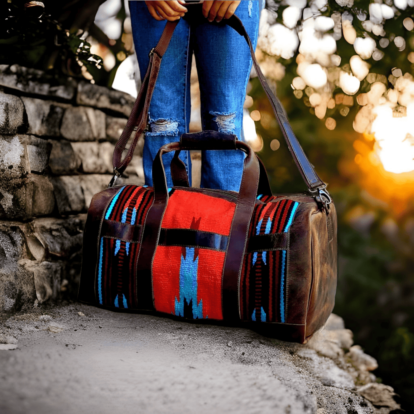 Sedona Southwestern Saddle Blanket Aztec Weekender Leather Duffel Bag - Ranch Junkie Mercantile LLC