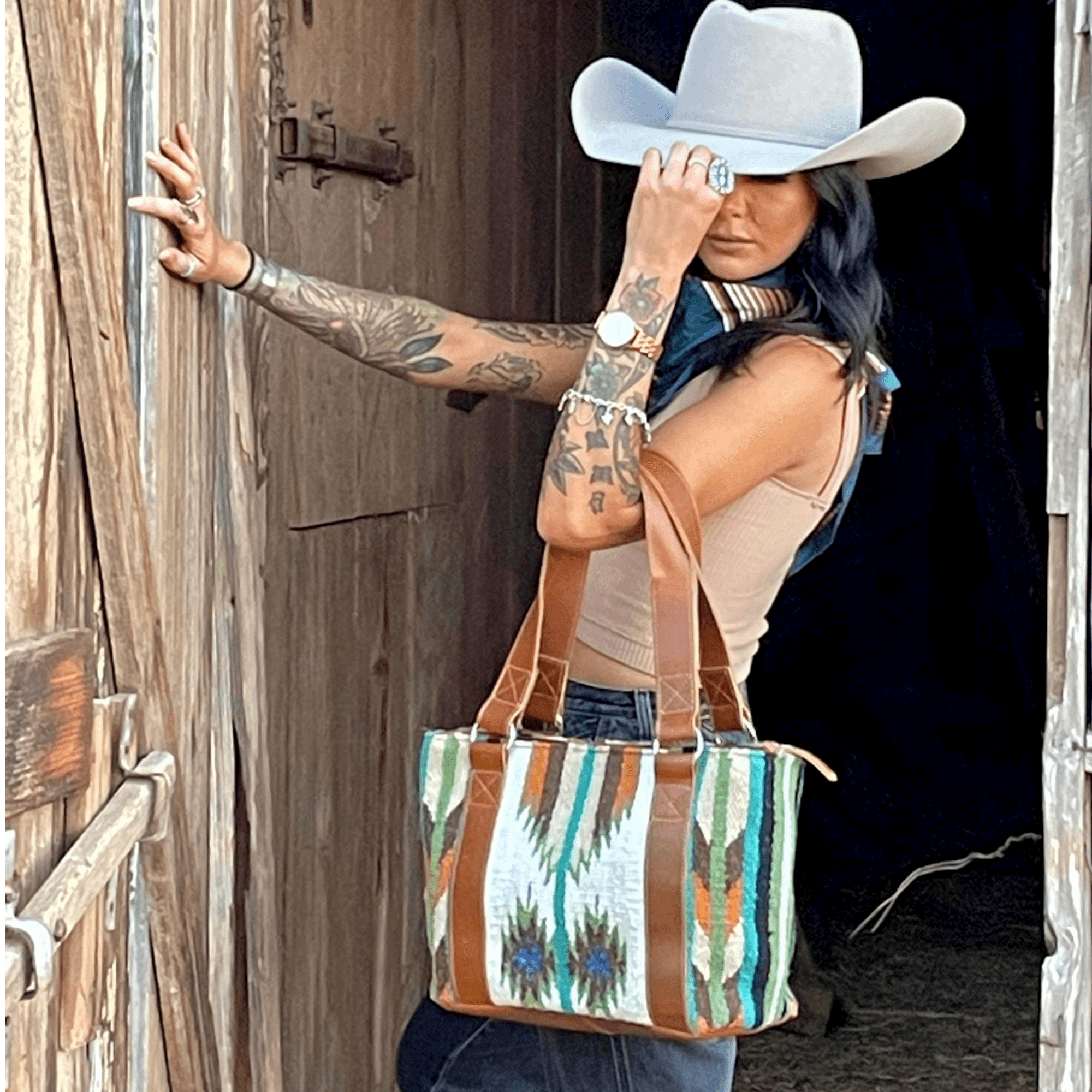 Aspen Southwestern Handwoven Wool+Leather Boho Tote Western Handbag Saddle Blanket Purse - Ranch Junkie Mercantile LLC