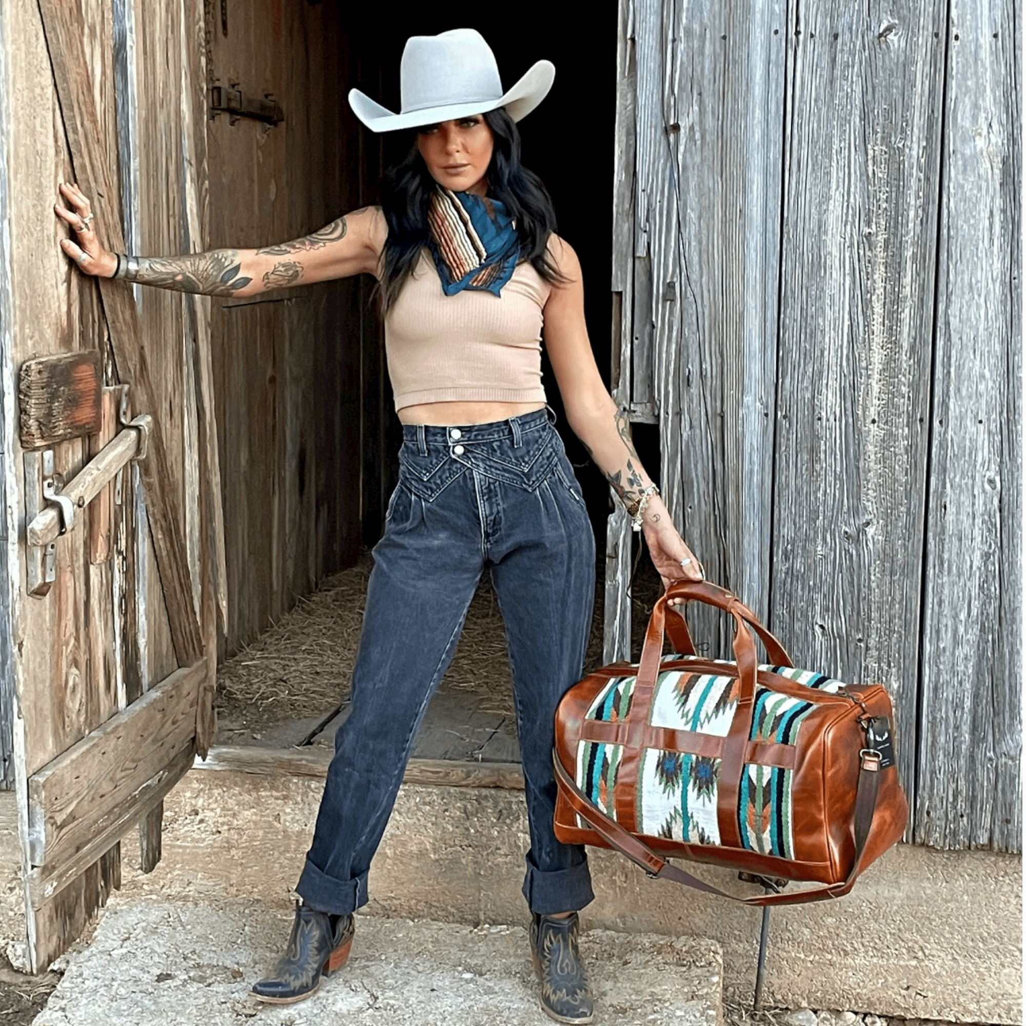 Bundle Deal - The Aspen Southwestern Leather Aztec Weekender Duffel Bag + Large Handwoven Wool Boho Tote - Ranch Junkie Mercantile LLC
