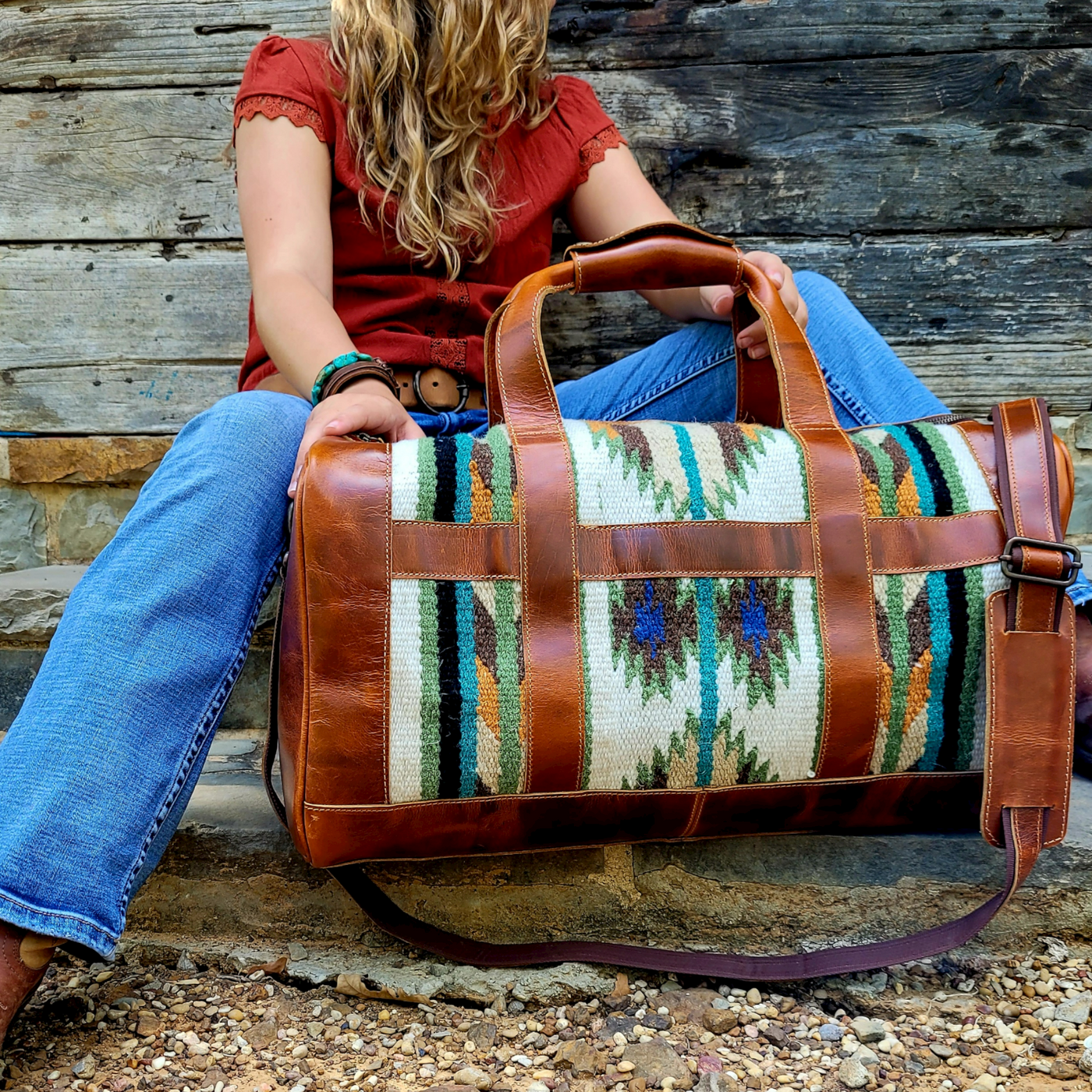 Bundle Deal - The Aspen Southwestern Leather Aztec Weekender Duffel Bag + Large Handwoven Wool Boho Tote - Ranch Junkie Mercantile LLC