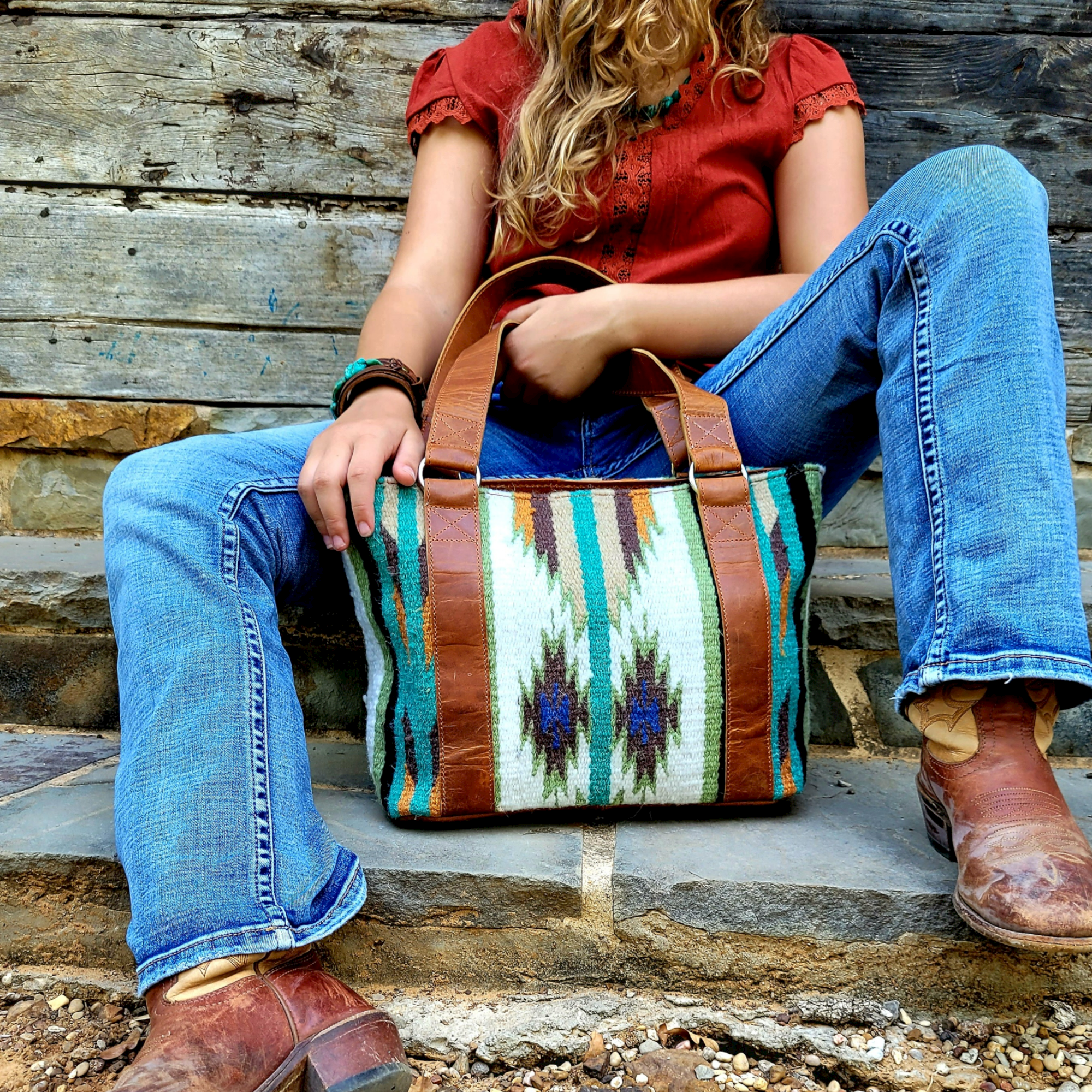 Bundle Deal - Aspen Southwestern Handwoven Wool Leather Western Handbag + Aspen Large Handwoven Wool Boho Tote - Ranch Junkie Mercantile LLC