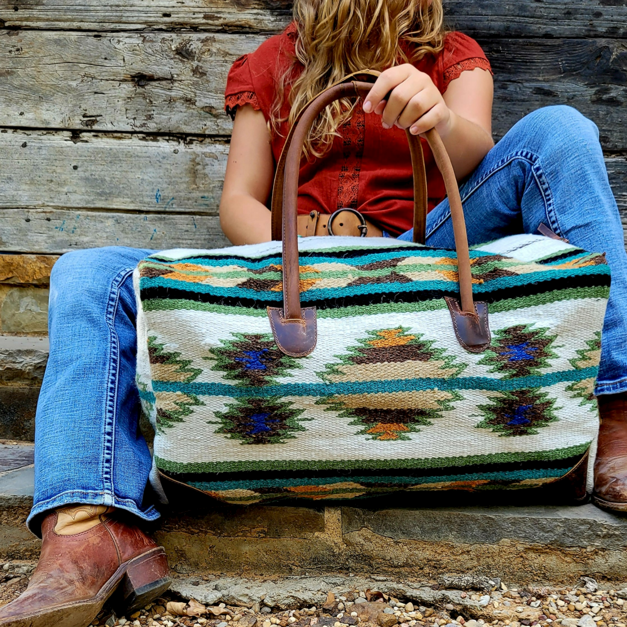 Aspen Boho Aztec Large Weekender Southwestern Duffel Bag Saddle Blanket Bag 100% Leather Handles - Ranch Junkie Mercantile LLC