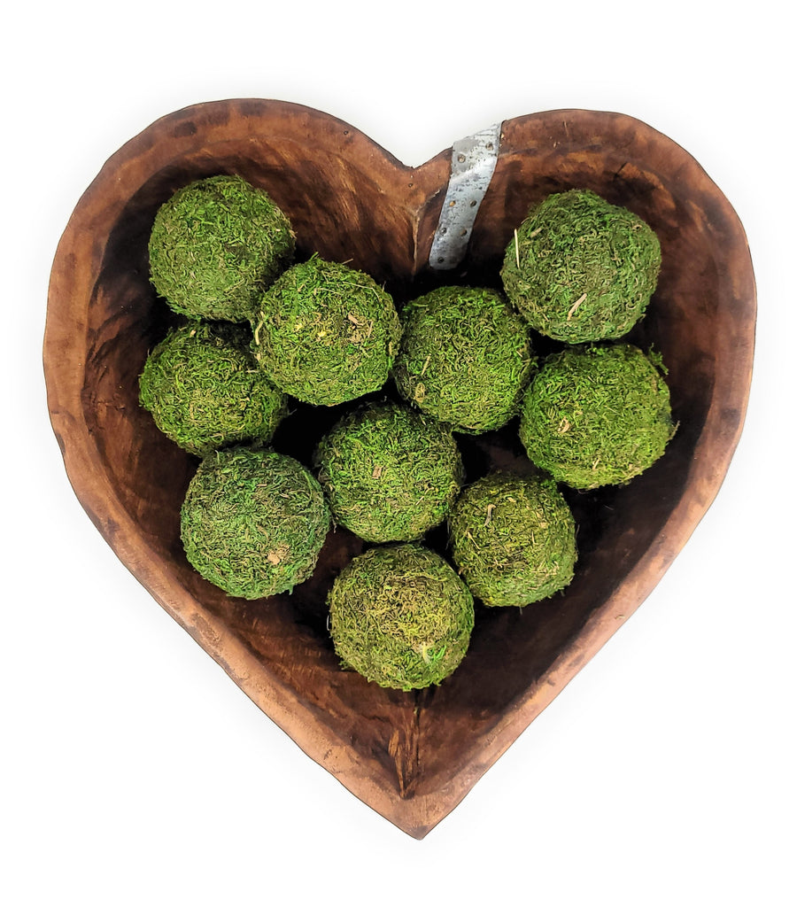 Industrial Wood Heart Bowl- Large Wood Dough Bowl With Moss Balls Or Without - Ranch Junkie Mercantile LLC