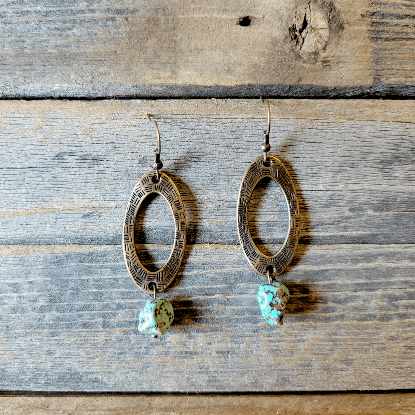 Hammered Copper Earrings African Turquoise Bead - Ranch Junkie Mercantile LLC
