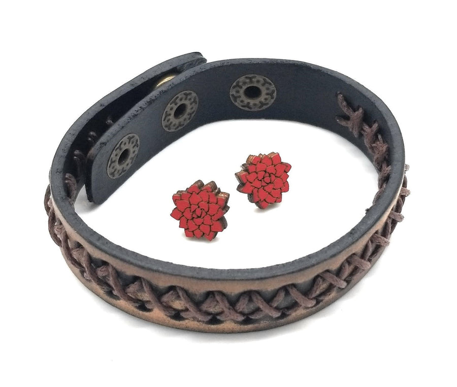 Bundle Deal-Leather Vintage Laced Cuff  + Wood Flower Stud Earrings - Two Color Options - Ranch Junkie Mercantile LLC