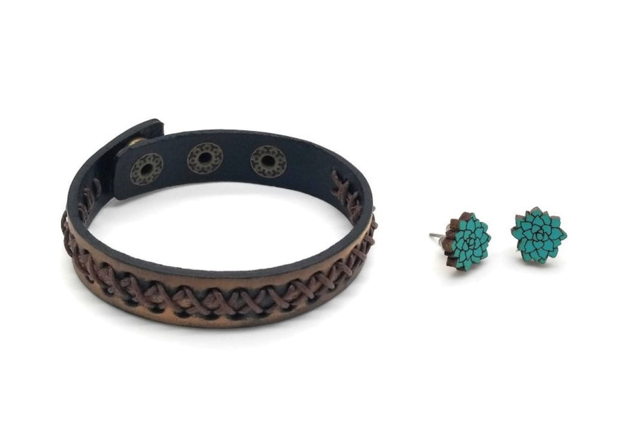 Bundle Deal-Leather Vintage Laced Cuff  + Wood Flower Stud Earrings - Two Color Options - Ranch Junkie Mercantile LLC