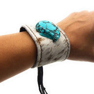 Leather Cuff with Tie-Spotted Hair-on-Hide with Turquoise - Ranch Junkie Mercantile LLC