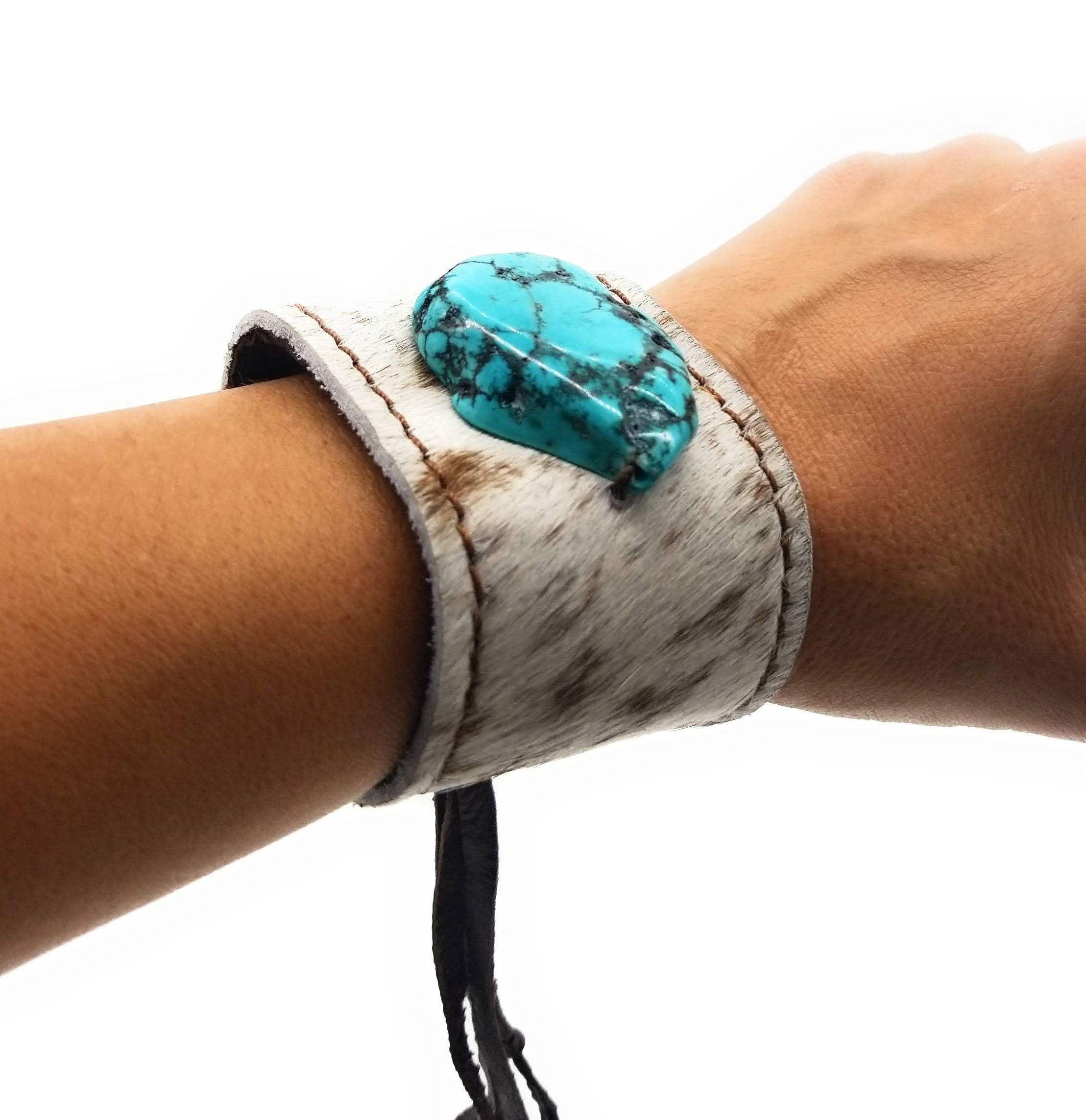 Leather Cuff with Tie-Spotted Hair-on-Hide with Turquoise - Ranch Junkie Mercantile LLC