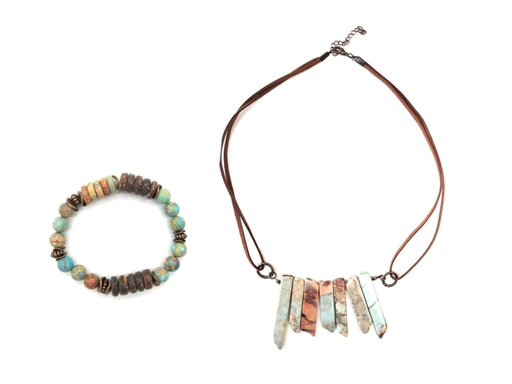 Bundle Deal- Aqua Terra And Wood Bracelet + Aqua Terra Leather Cord Necklace Bundle - Ranch Junkie Mercantile LLC