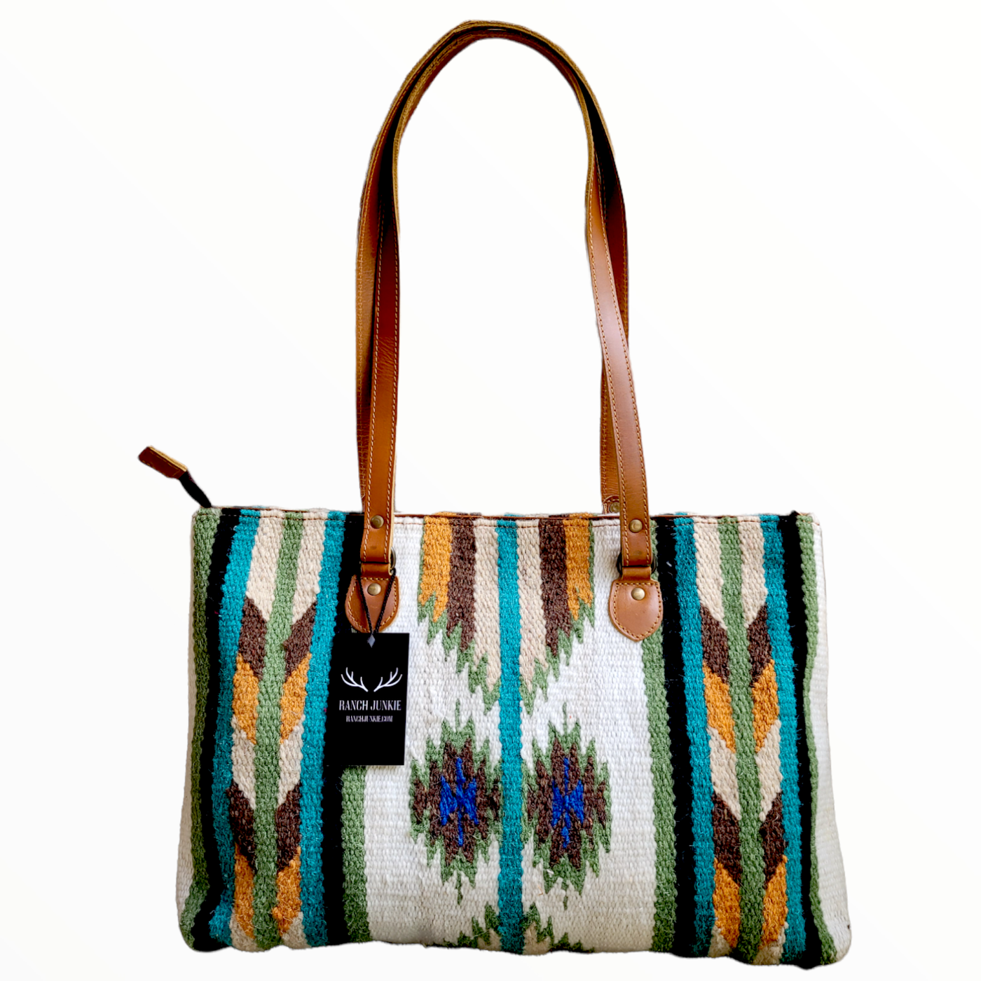 Bundle Deal - Aspen Southwestern Leather Aztec Weekender Duffel Bag + Large Handwoven Wool Boho Tote - Ranch Junkie Mercantile LLC