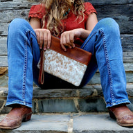 Bundle Deal -The Highlands Large Genuine Cowhide Weekender Duffel Saddle+ Wristlet Clutch Saddle - Ranch Junkie Mercantile LLC