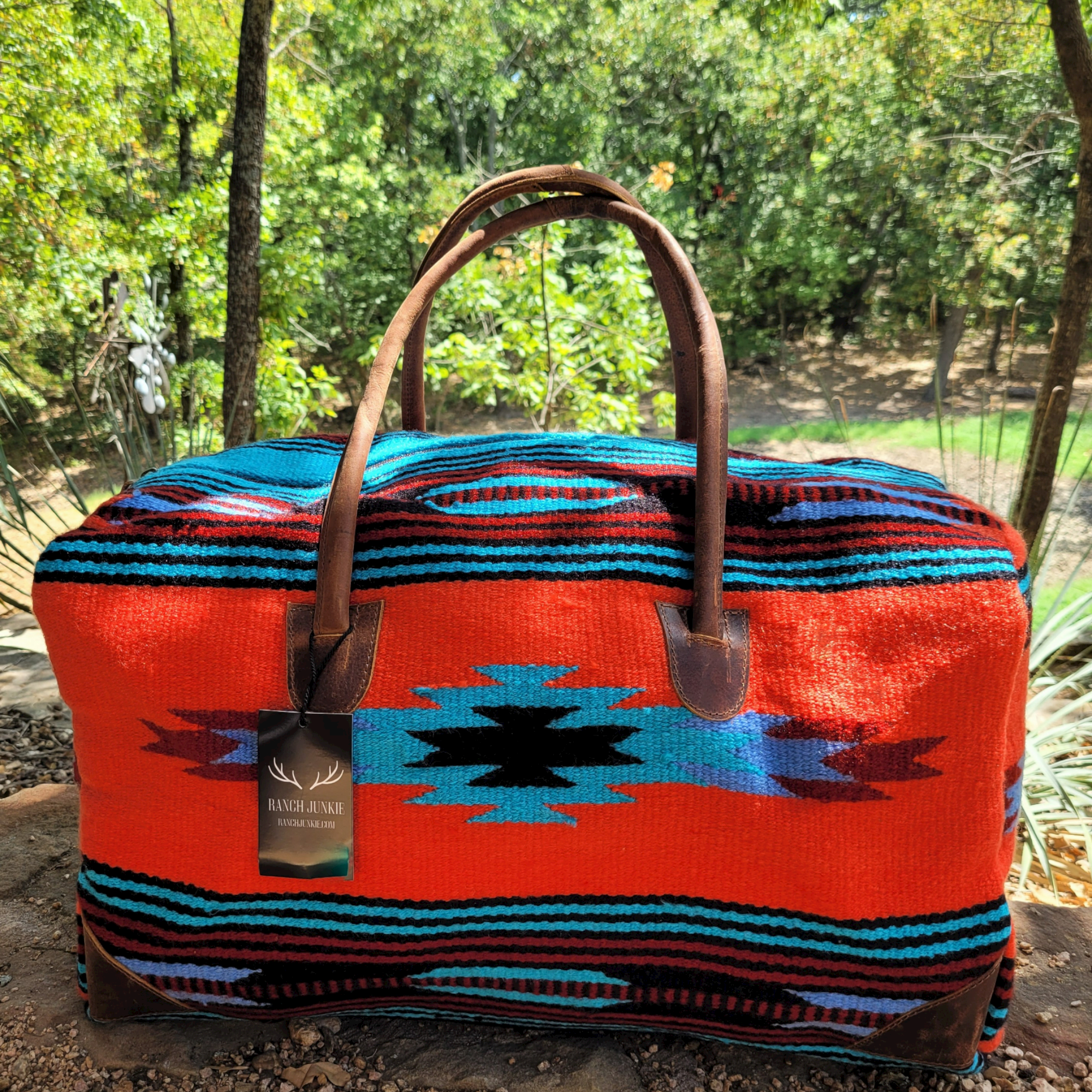 Sedona Boho Aztec Large Weekender Southwestern Duffel Bag Saddle Blanket Bag 100% Leather Handles - Ranch Junkie Mercantile LLC