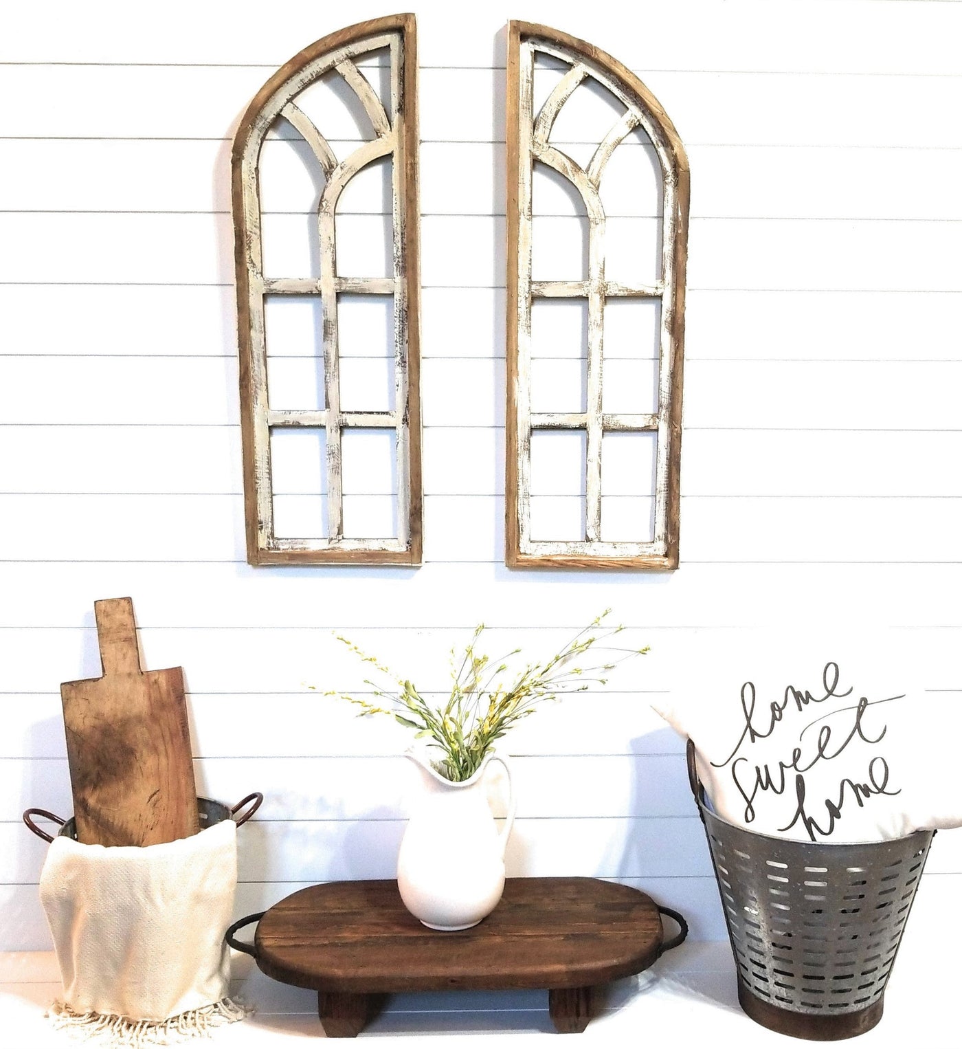 36" Farmhouse Wooden Wall Windows Set of 2-Wood Window Cathedrals- Chariot Gardens Rustic White - Ranch Junkie Mercantile LLC