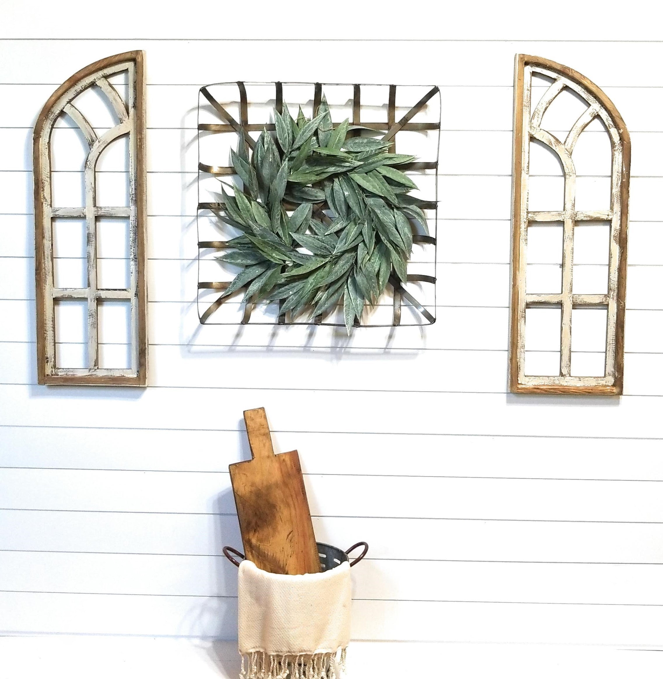 36" Farmhouse Wooden Wall Windows Set of 2-Wood Window Cathedrals- Chariot Gardens Rustic White - Ranch Junkie Mercantile LLC