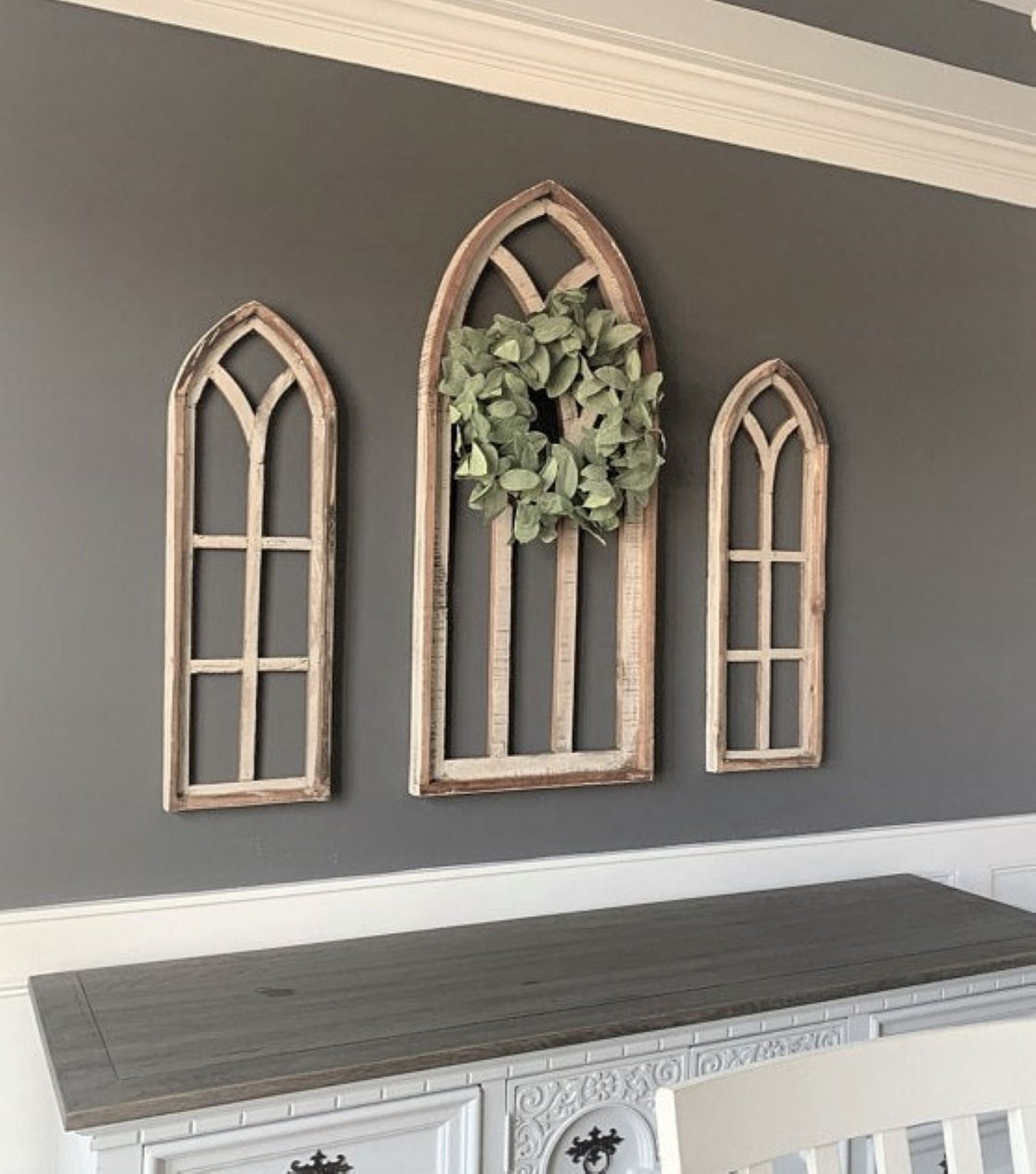 Rustic White Set of 3 Farmhouse Wooden Cathedral Window Arches- The Farmhouse Cathedral Collection Rustic White + Wreaths - Ranch Junkie Mercantile LLC